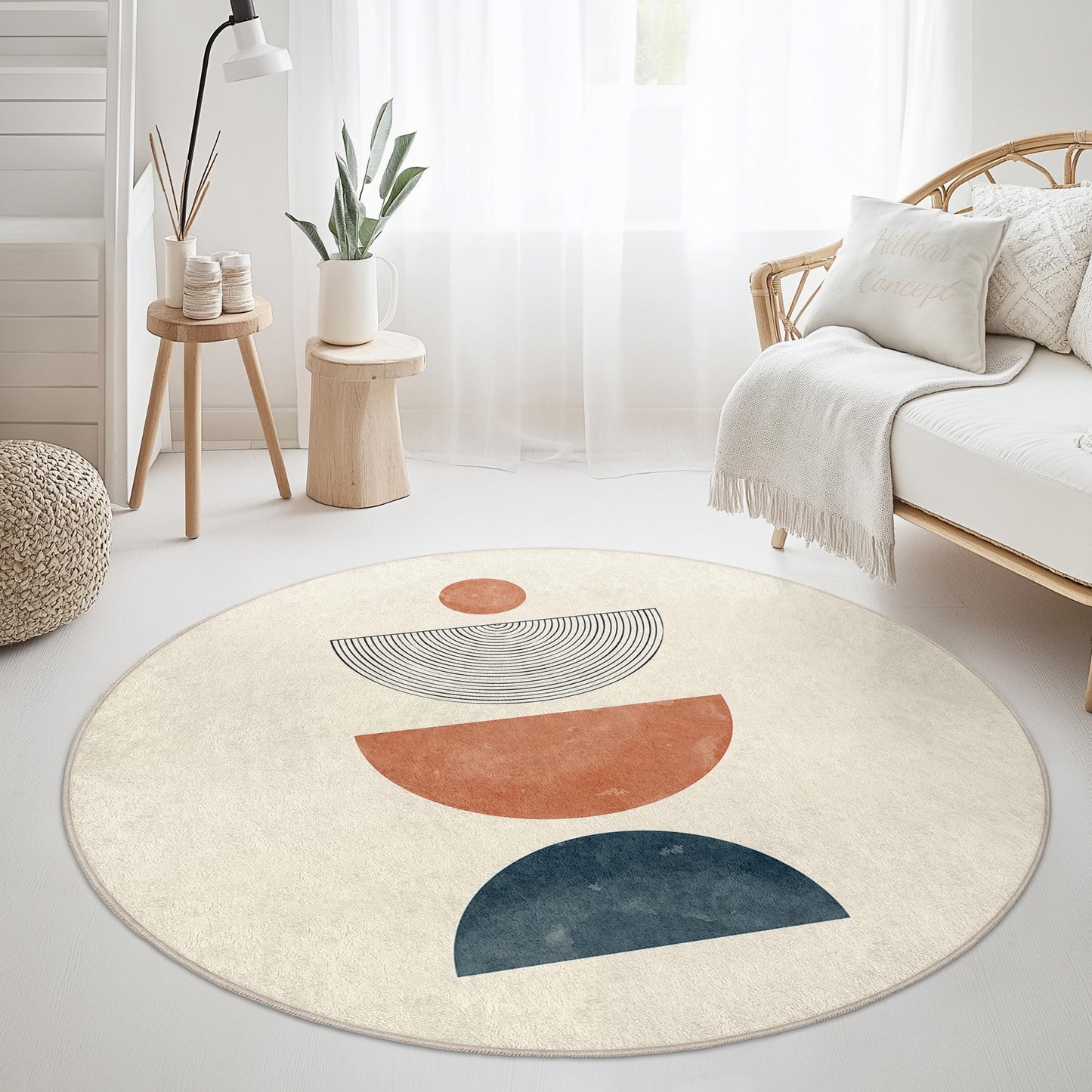 Boho Circle Area Rug, Geometric Round Rug for Living Room, Modern Bohemian Floor Mat, Stylish Decor Rug, Soft and Cozy Carpet