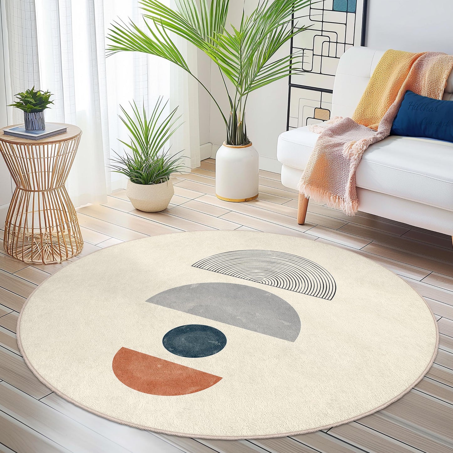 Modern Geometric Round Area Rug, Minimalist Circle Carpet, Decorative Living Room Rug, Soft Round Rug for Home Decor