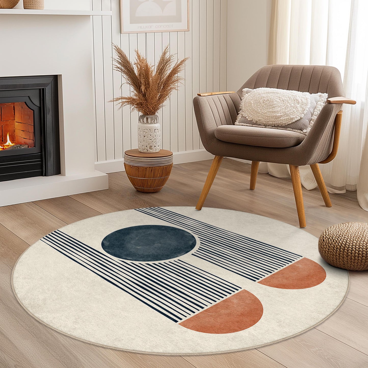 Abstract Round Area Rug, Modern Circular Rug for Living Room, Soft Decorative Carpet, Geometric Design Floor Mat