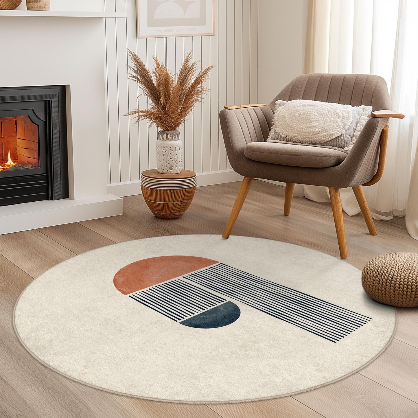 Abstract Round Rug, Modern Geometric Design, Boho Chic Area Rug, Soft Round Carpet for Living Room, Bedroom, or Office Decor