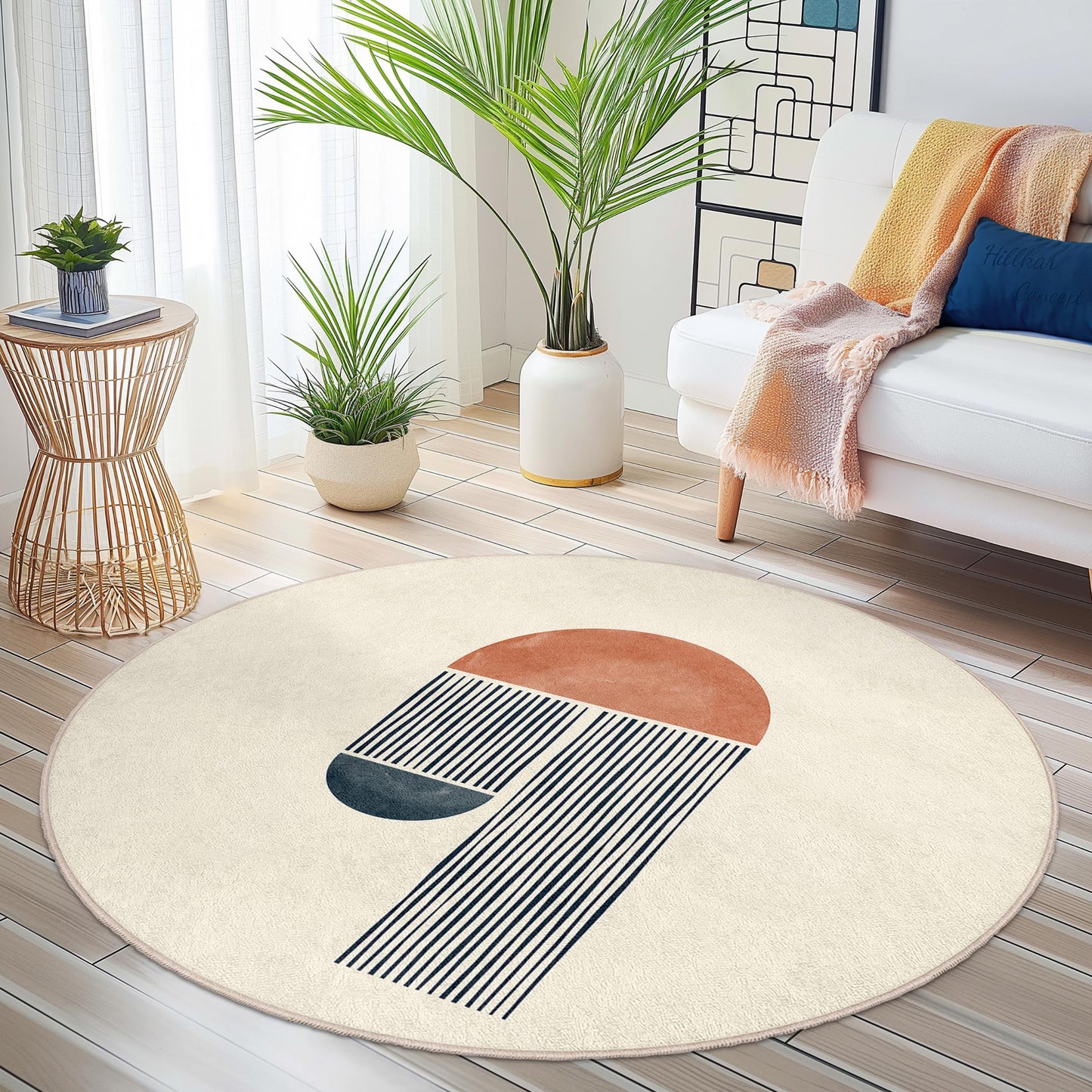 Abstract Round Rug, Modern Geometric Design, Boho Chic Area Rug, Soft Round Carpet for Living Room, Bedroom, or Office Decor