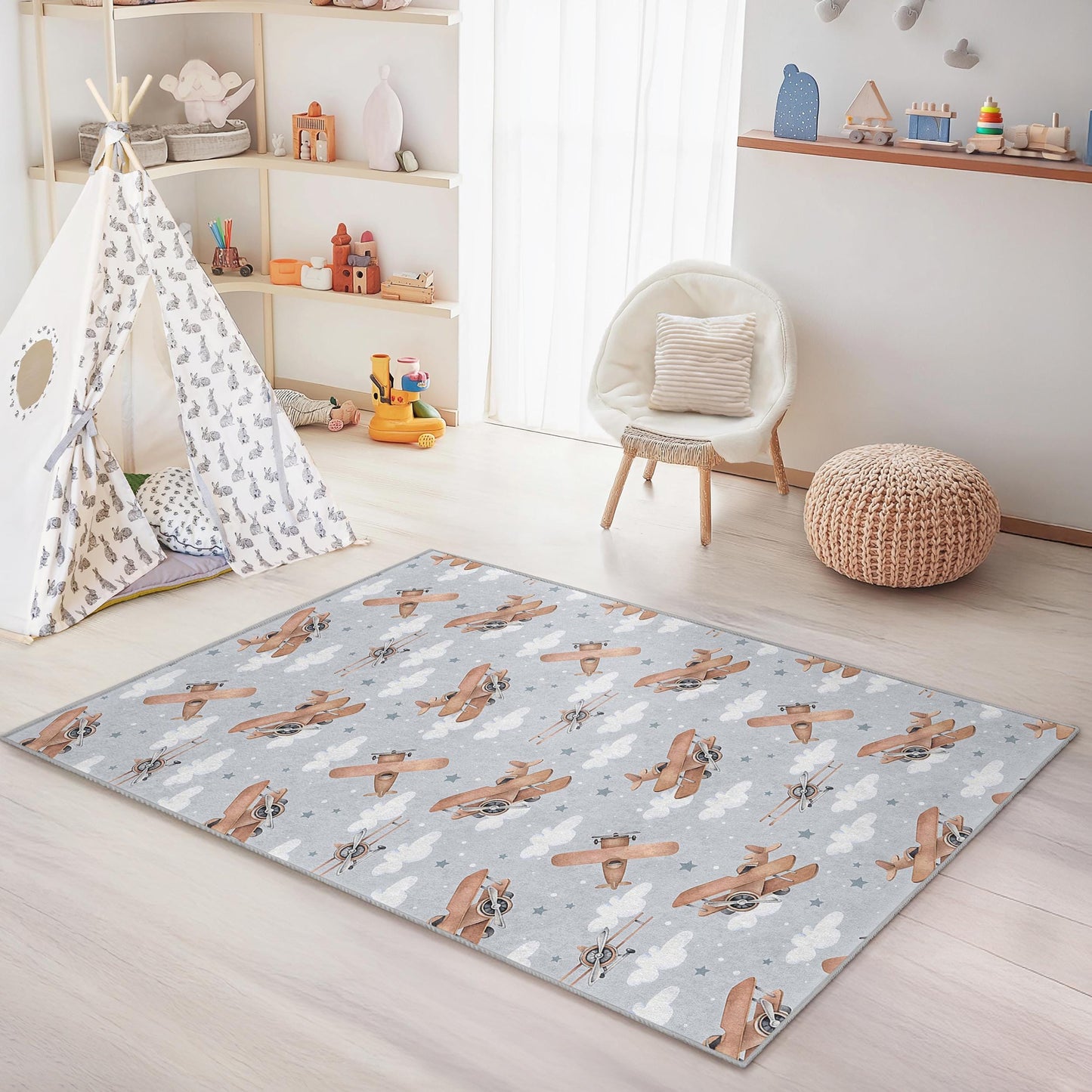 Airplane Pattern Kids Rectangle Rug, Cute Aircraft Rug for Nursery, Playroom Decor, Soft Kids Bedroom Carpet