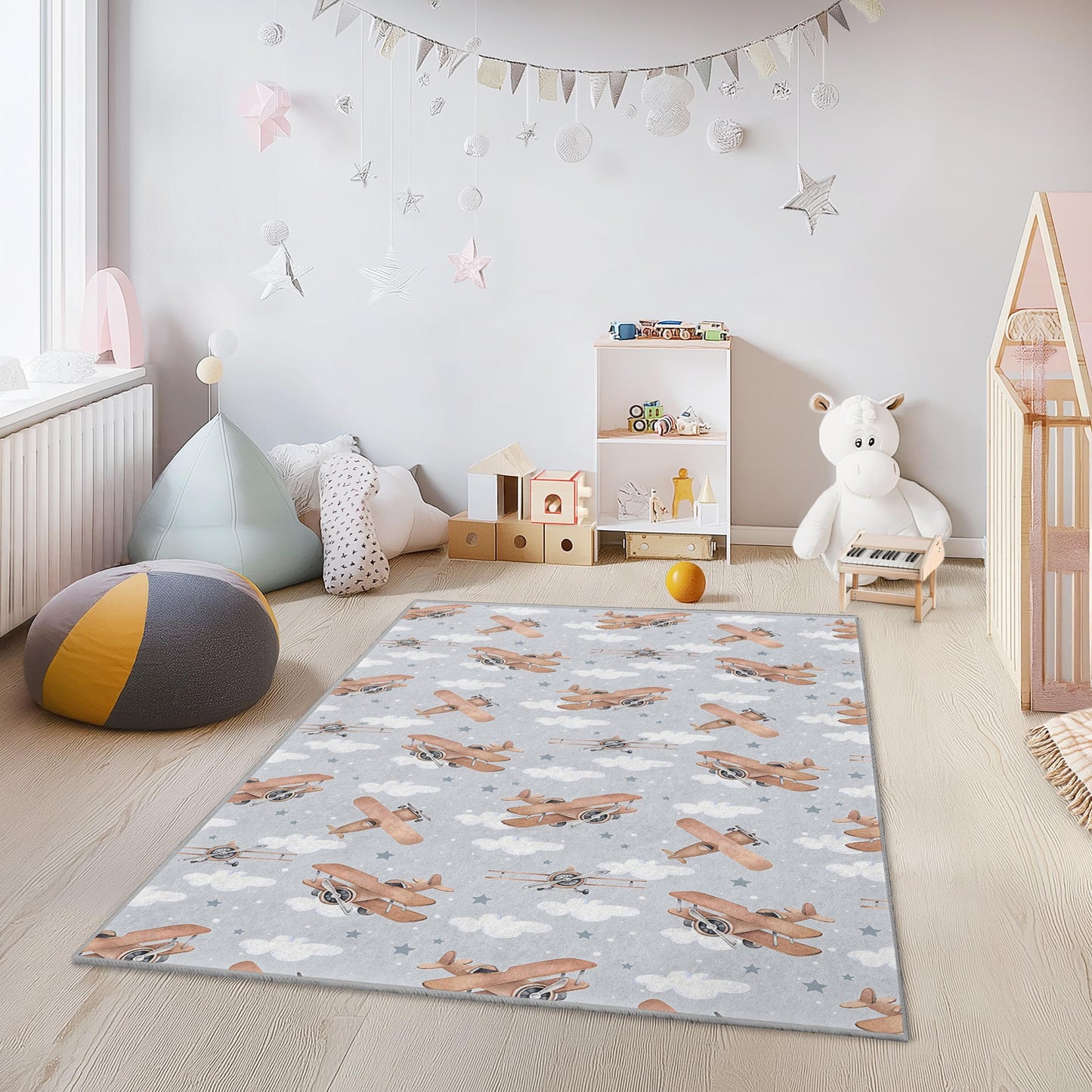 Airplane Pattern Kids Rectangle Rug, Cute Aircraft Rug for Nursery, Playroom Decor, Soft Kids Bedroom Carpet