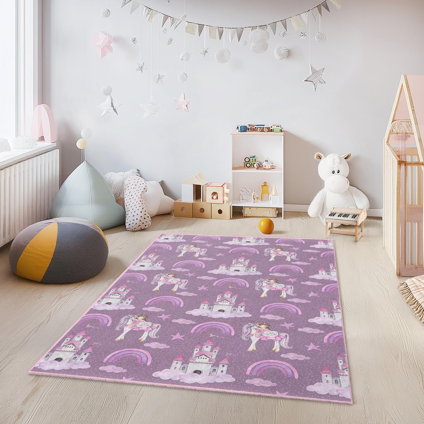 Princess Castle & Unicorns Kids Rug, Cute Rectangle Play Mat, Fantasy Theme Childrens Carpet, Nursery Decor, Kids Room Rug