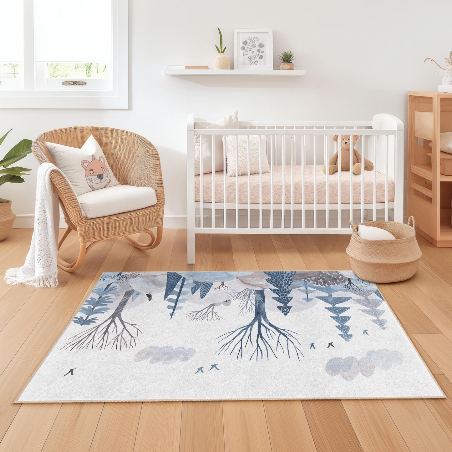 Whimsical Winter Forest Kids Rug, Blue and White Tree Pattern Rug, Rectangle Rug for Kids Room, Nursery Decor, Playroom Carpet