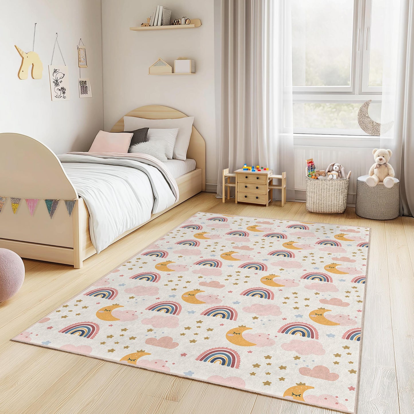Rainbow Dreams Kids Rug, Cute Rainbow and Moon Nursery Carpet, Rectangular Playroom Rug, Cloud and Star Decor