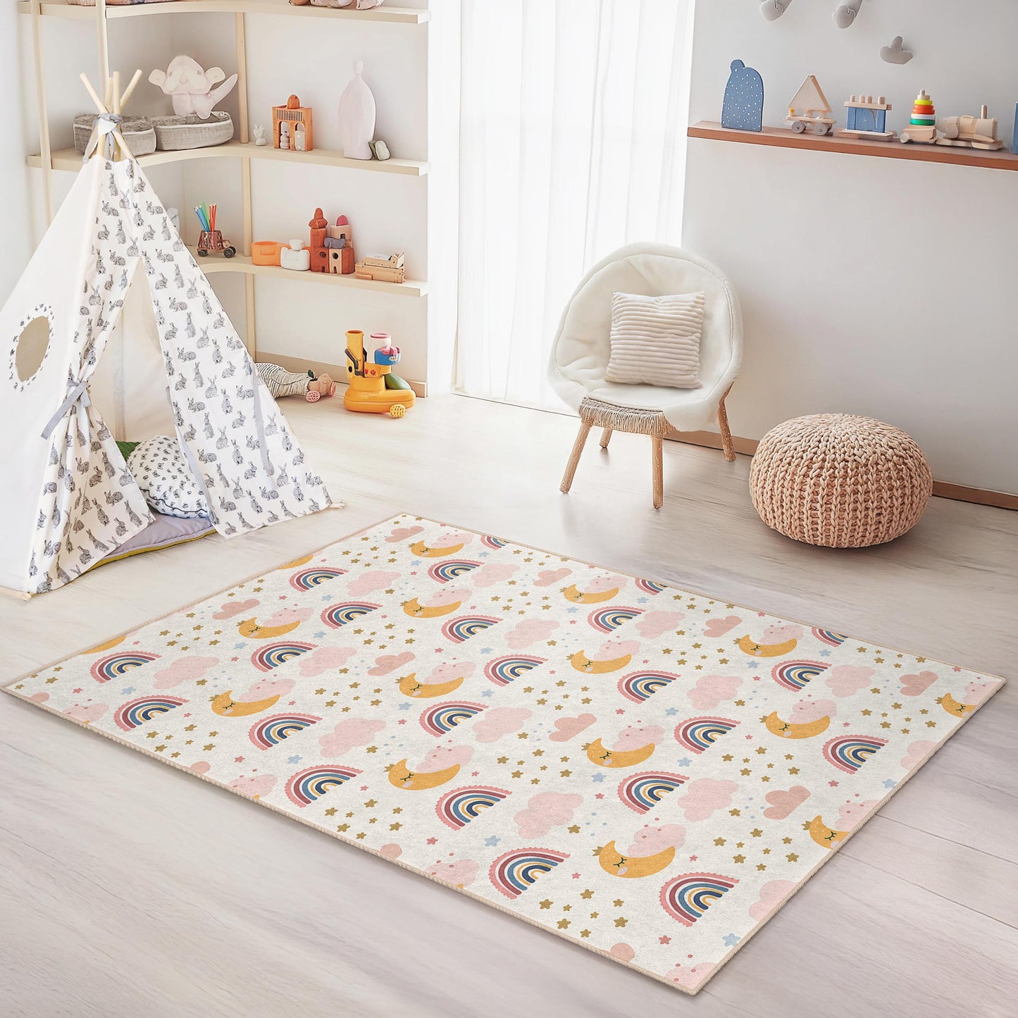 Rainbow Dreams Kids Rug, Cute Rainbow and Moon Nursery Carpet, Rectangular Playroom Rug, Cloud and Star Decor
