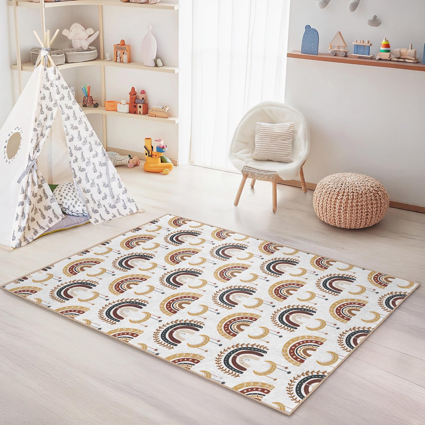Colorful Rainbow Pattern Rectangular Kids Room Rug, Boho Nursery Carpet, Soft Kids Area Rug, Playroom Decor, Childrens Rug