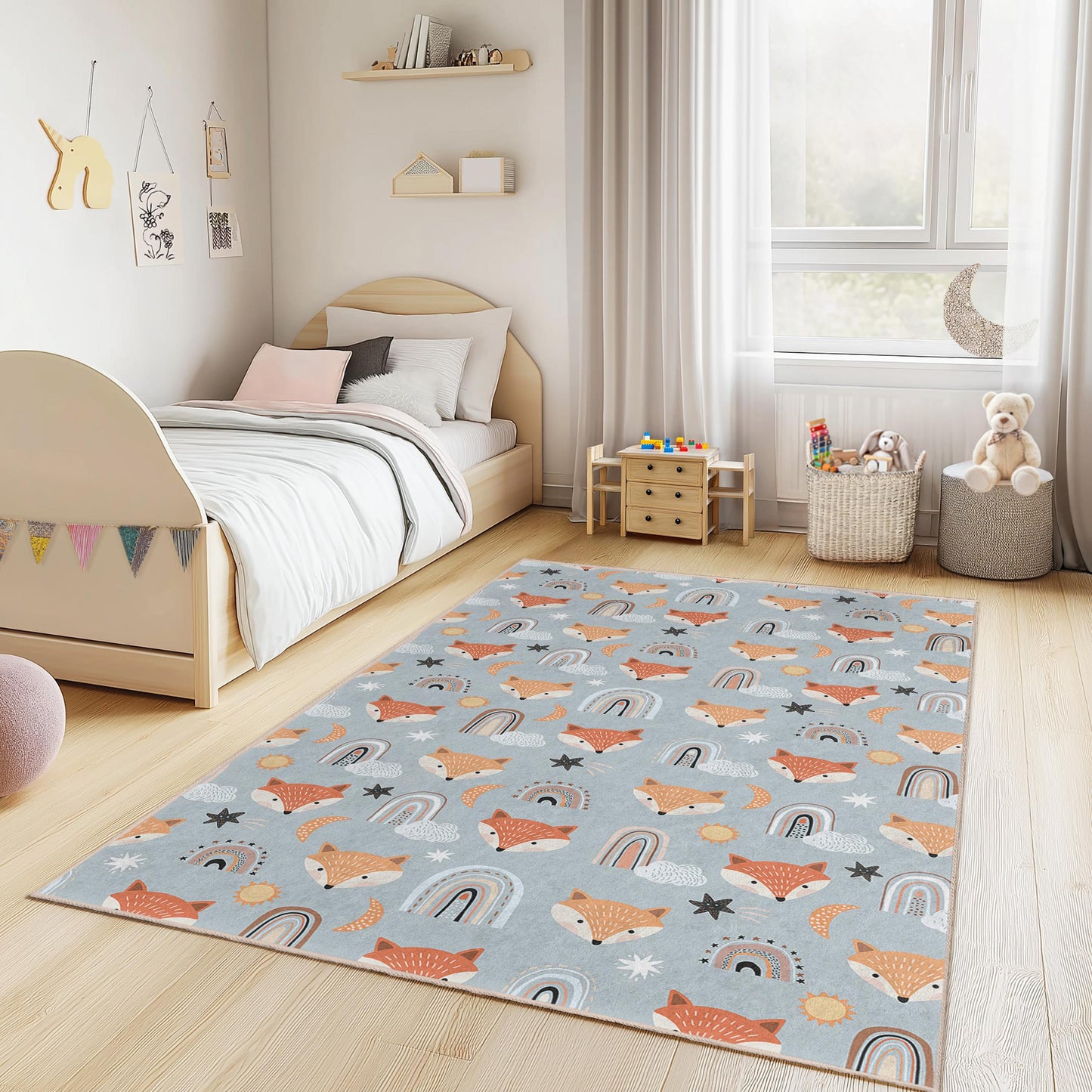 Whimsical Foxes and Rainbows Kids Rug, Rectangular Playroom Carpet, Cute Nursery Decor, Children's Room Rug, Soft Play Mat