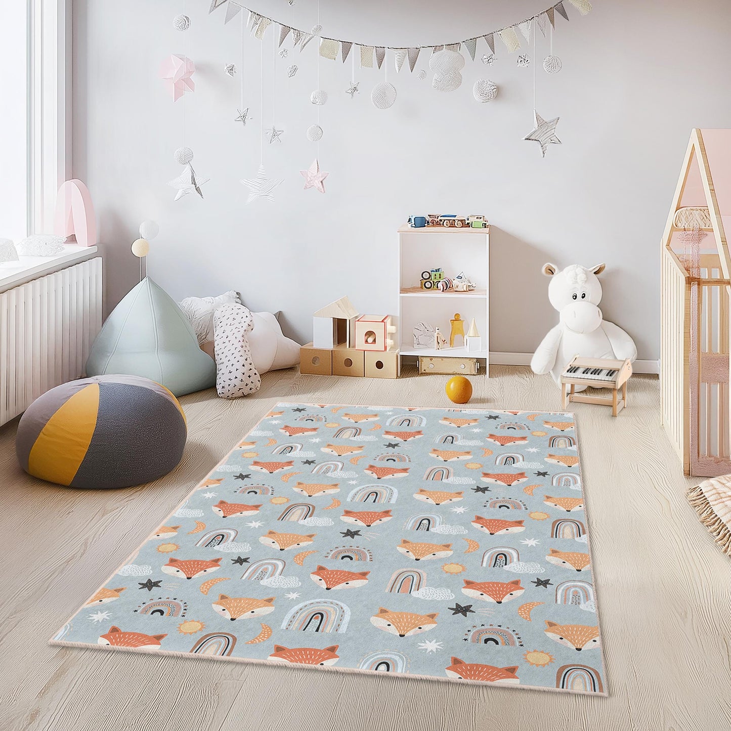 Whimsical Foxes and Rainbows Kids Rug, Rectangular Playroom Carpet, Cute Nursery Decor, Children's Room Rug, Soft Play Mat
