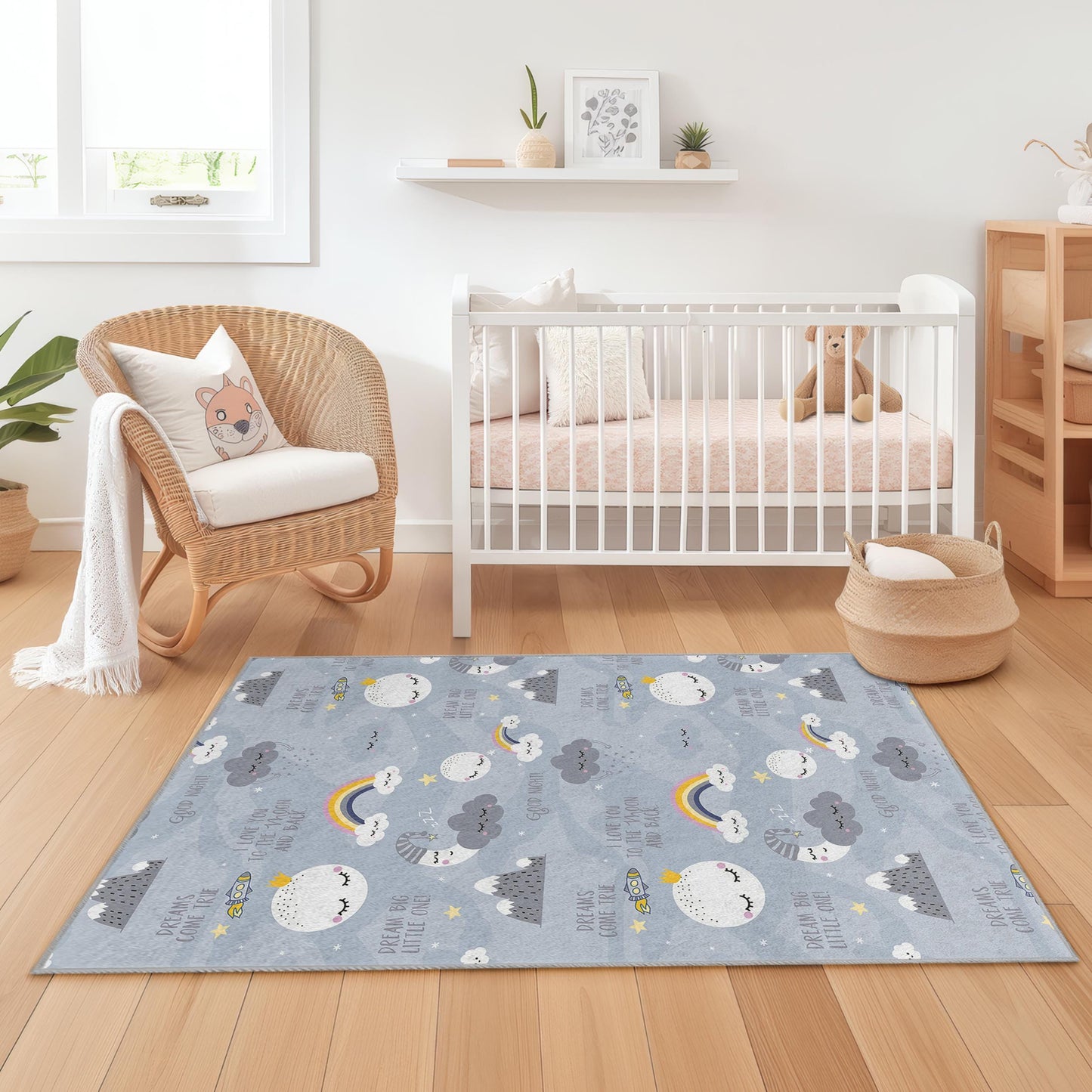 Dreamy Clouds Rectangular Kids Rug, Soft Nursery Carpet, Inspirational Playroom Decor, Cozy Childrens Room Rug, Rainbow Design