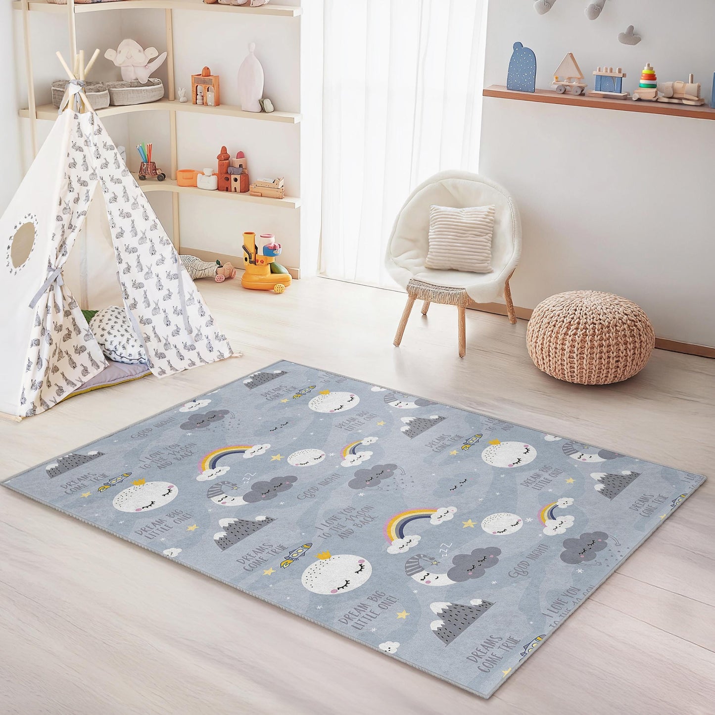 Dreamy Clouds Rectangular Kids Rug, Soft Nursery Carpet, Inspirational Playroom Decor, Cozy Childrens Room Rug, Rainbow Design