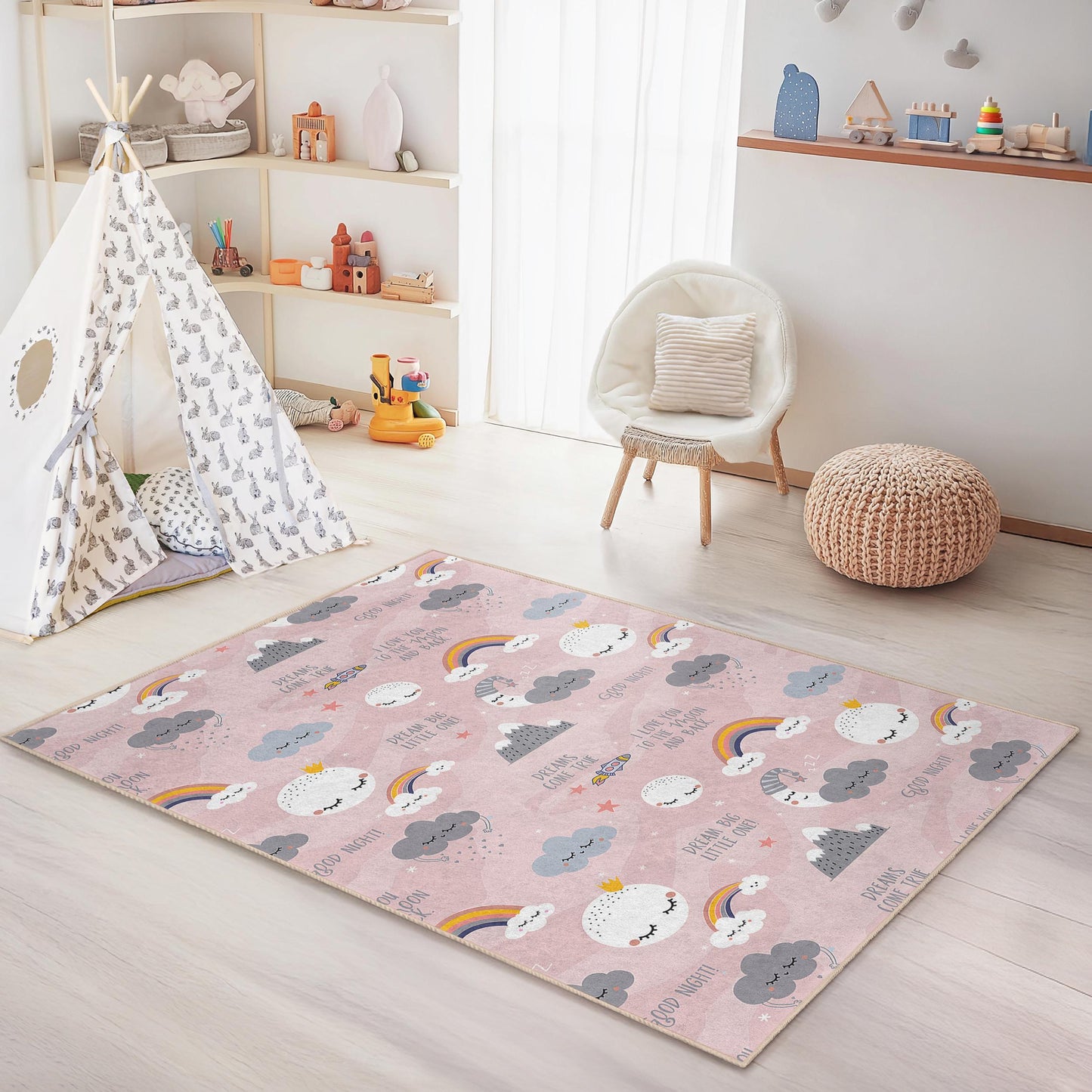 Dream Big Little One Rectangle Kids Rug, Cute Clouds and Rainbows Nursery Carpet, Playroom Decor, Soft Kids Room Mat