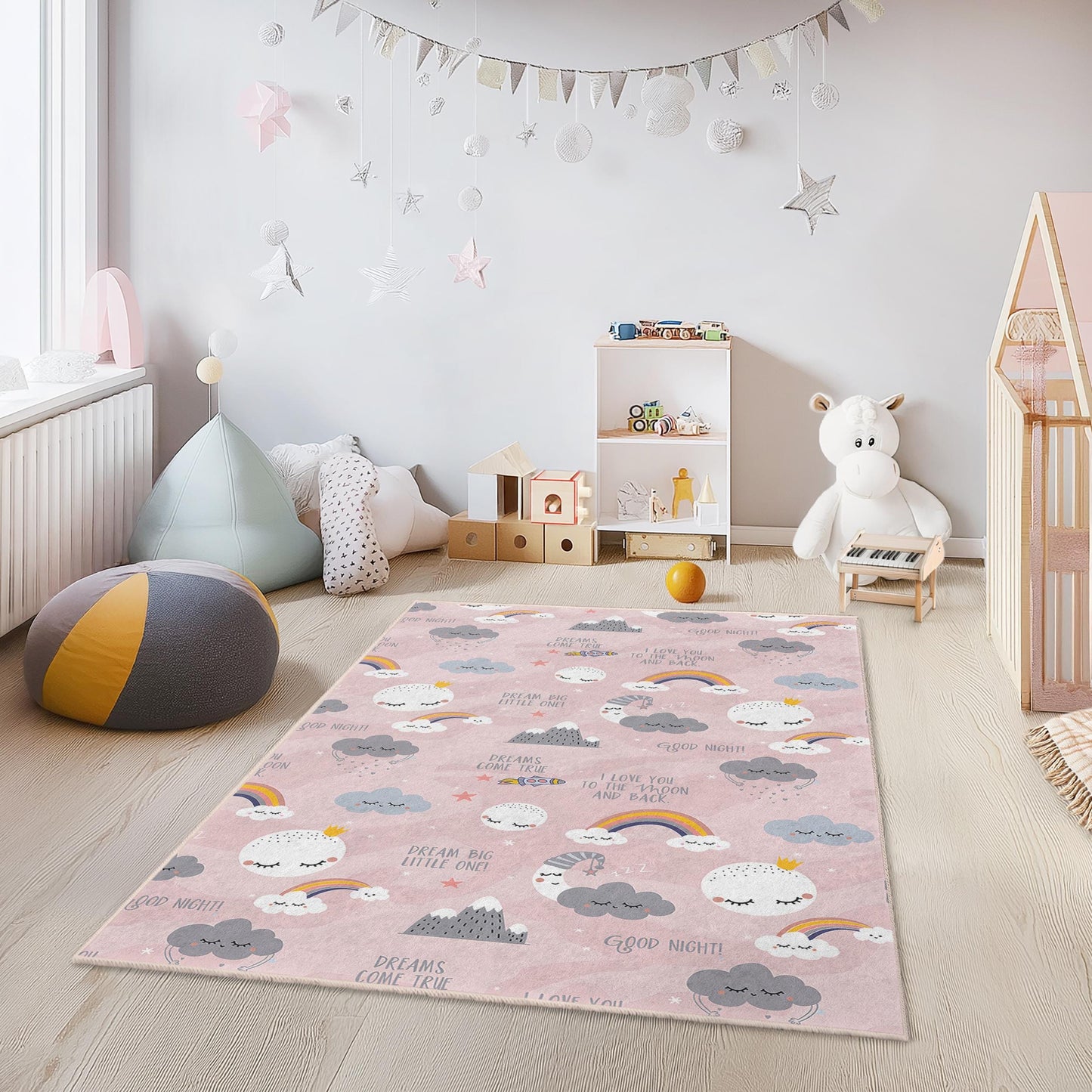 Dream Big Little One Rectangle Kids Rug, Cute Clouds and Rainbows Nursery Carpet, Playroom Decor, Soft Kids Room Mat