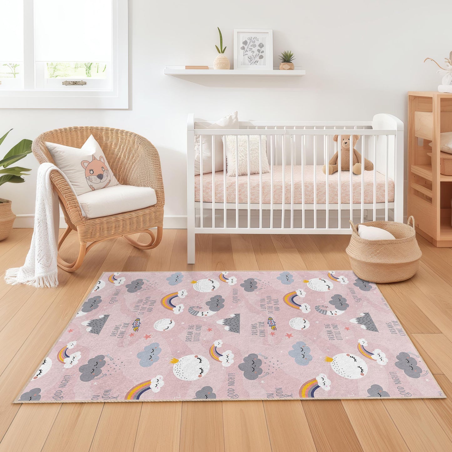 Dream Big Little One Rectangle Kids Rug, Cute Clouds and Rainbows Nursery Carpet, Playroom Decor, Soft Kids Room Mat