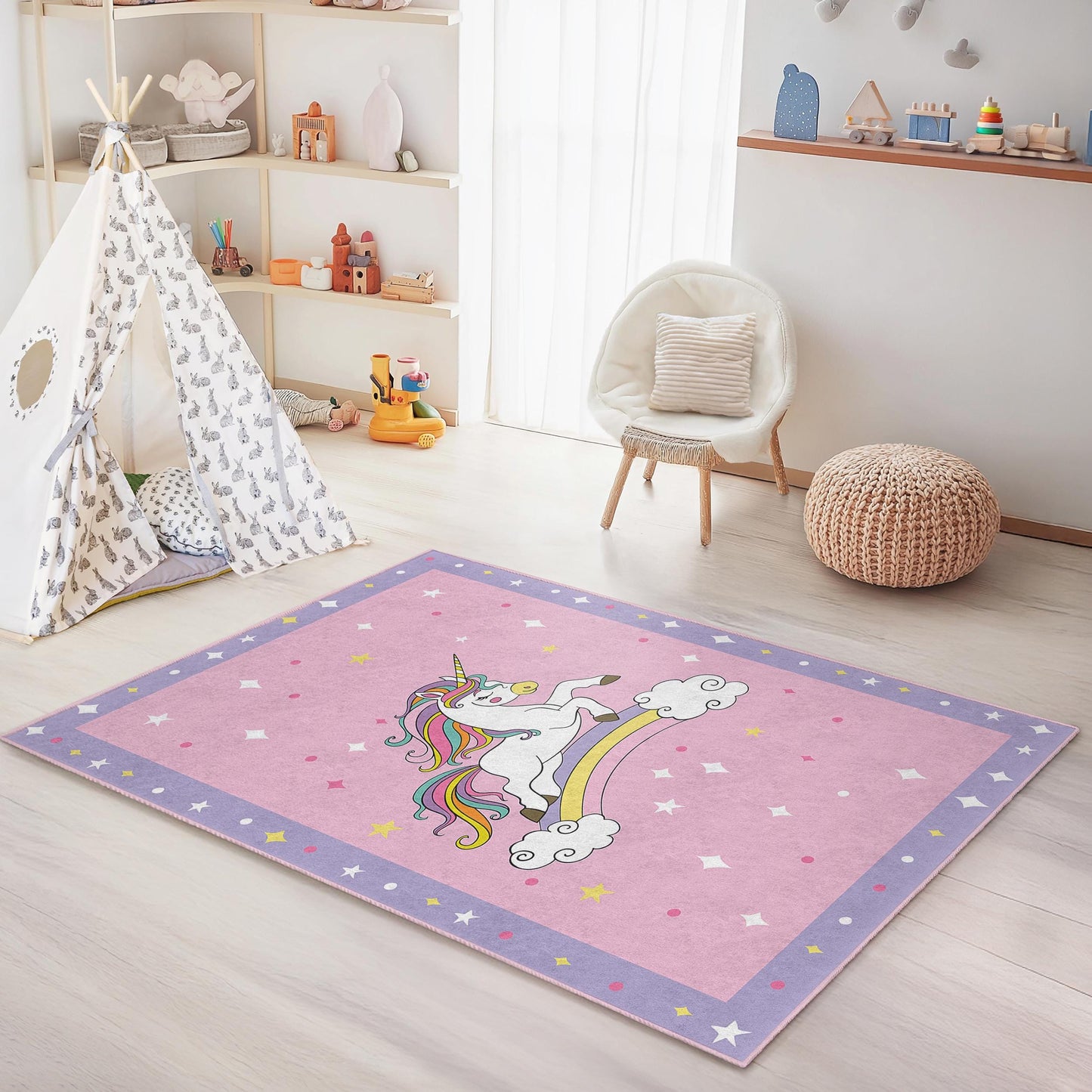 Magical Unicorn Kids Rug, Rainbow Unicorn Carpet for Playroom, Rectangle Kids Room Mat, Soft Nursery Decor, Fantasy Child's Rug