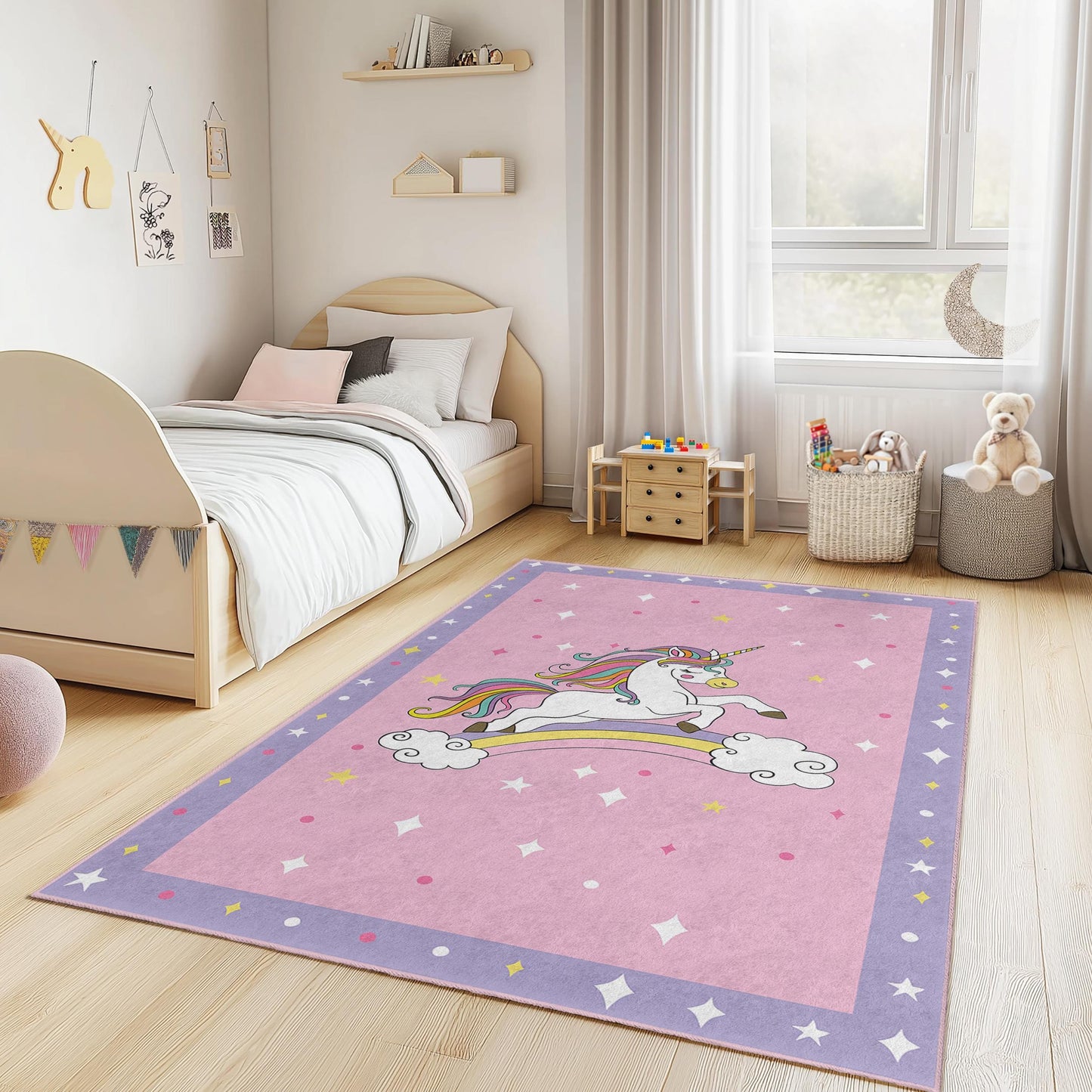 Magical Unicorn Kids Rug, Rainbow Unicorn Carpet for Playroom, Rectangle Kids Room Mat, Soft Nursery Decor, Fantasy Child's Rug