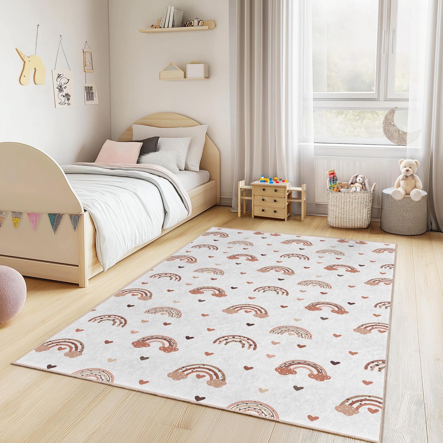 Colorful Rainbow Hearts Rectangular Kids Rug, Cute Rainbow Carpet, Playroom Decor, Nursery Rug, Soft Childrens Rug
