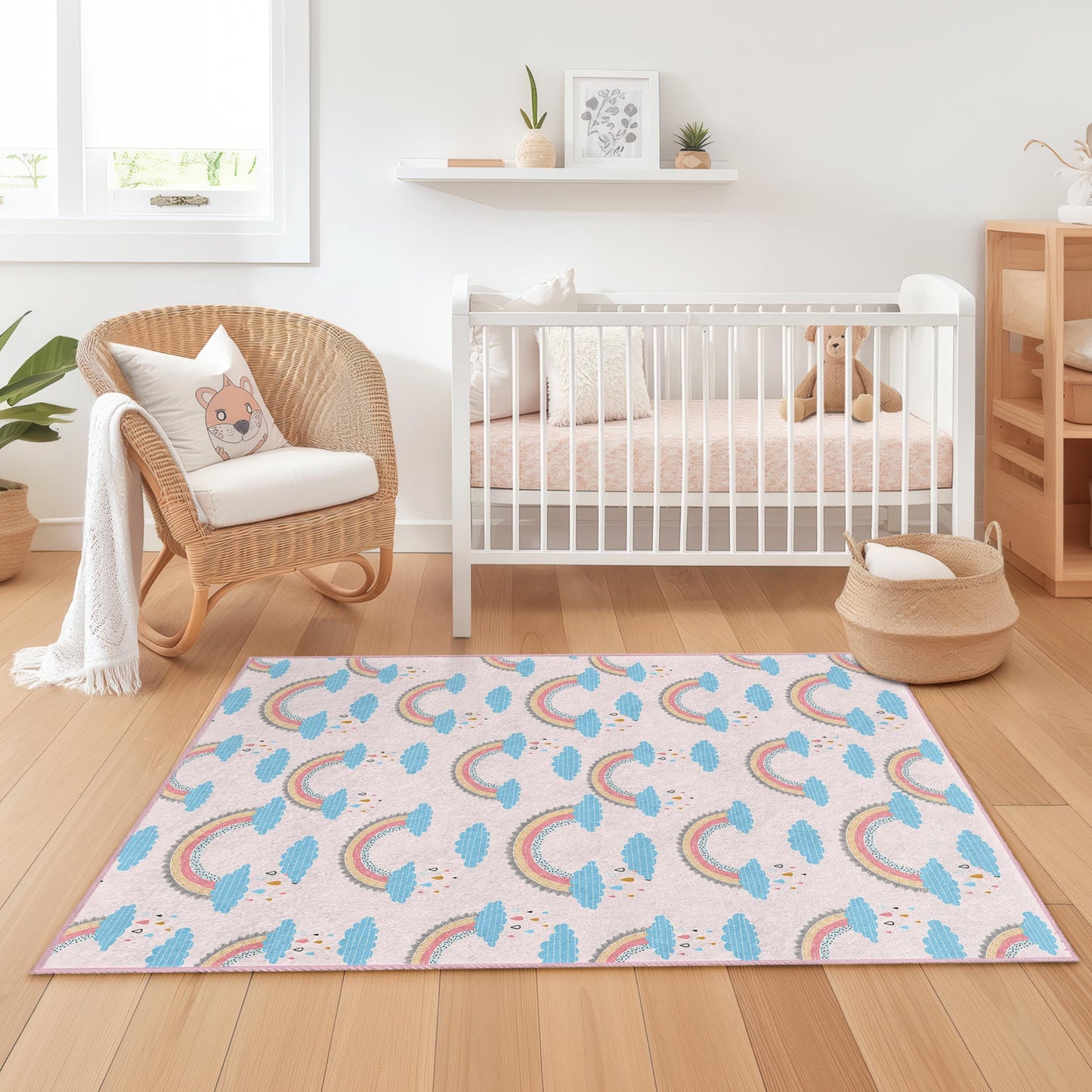 Rainbow Cloud Pattern Kids Area Rug, Cute Rainbow Nursery Rug, Rectangle Kids Room Carpet, Colorful Playroom Decor, Baby Shower Gift