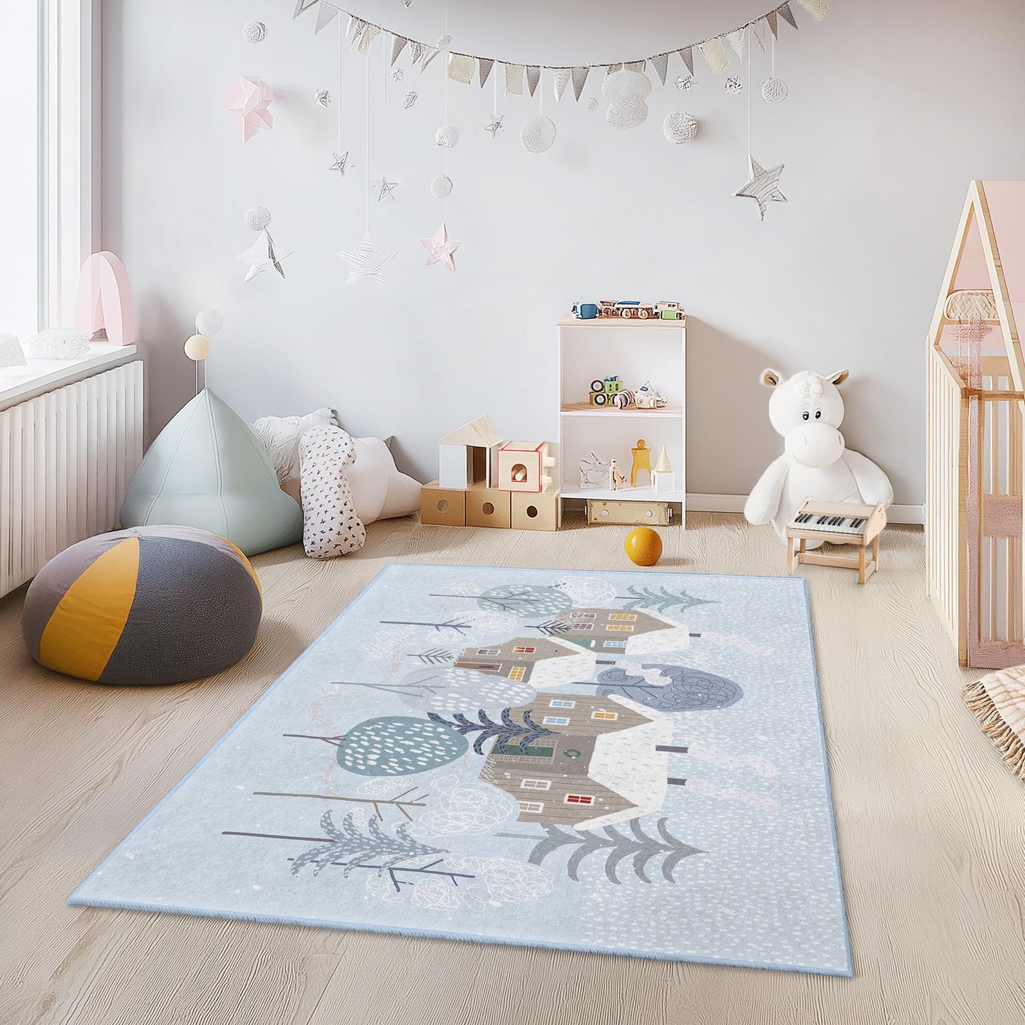 Winter Wonderland Rectangular Kids Rug, Cozy House Design Rug, Kids Room Decor, Soft Winter Carpet, Nursery Rug, Playroom Rug
