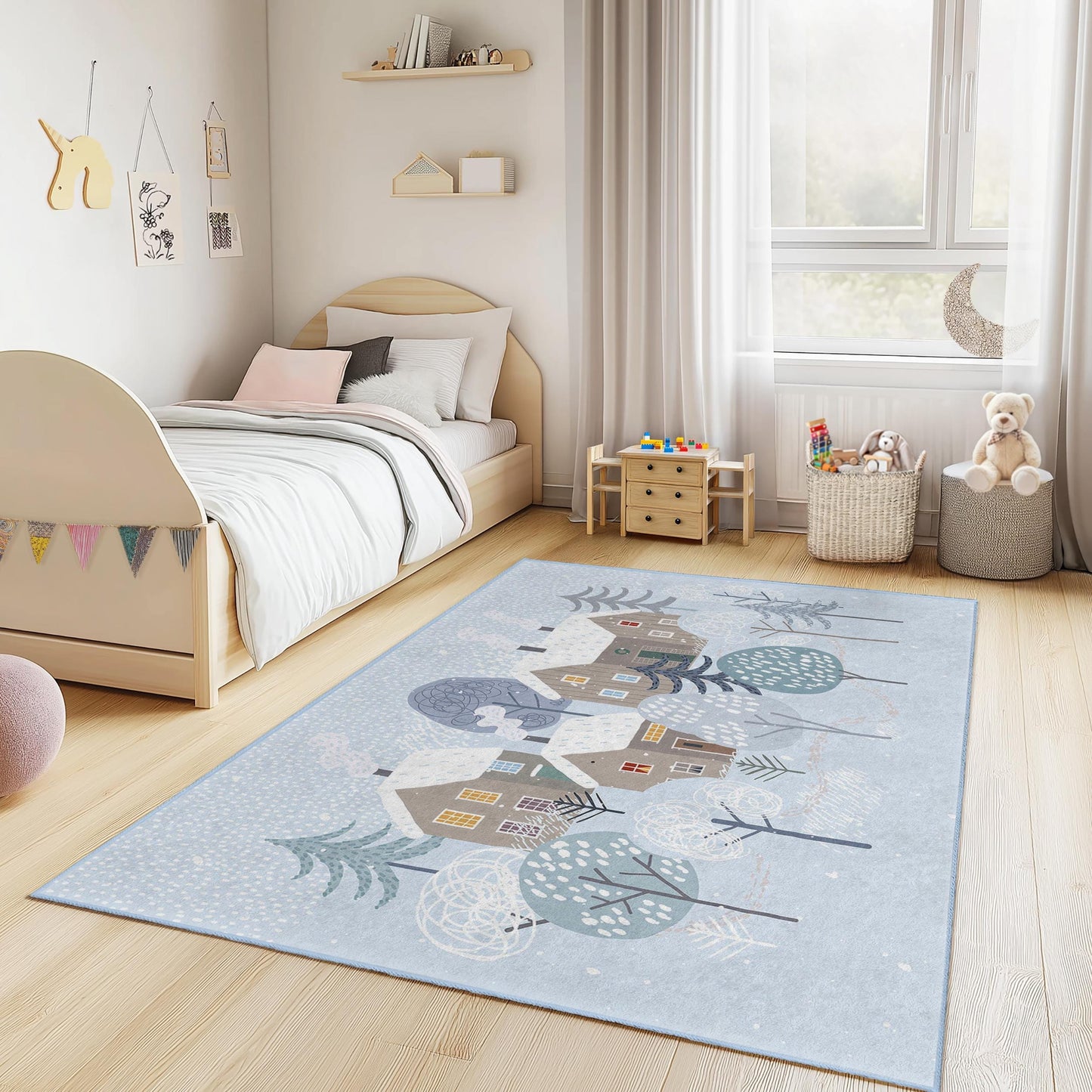 Winter Wonderland Rectangular Kids Rug, Cozy House Design Rug, Kids Room Decor, Soft Winter Carpet, Nursery Rug, Playroom Rug