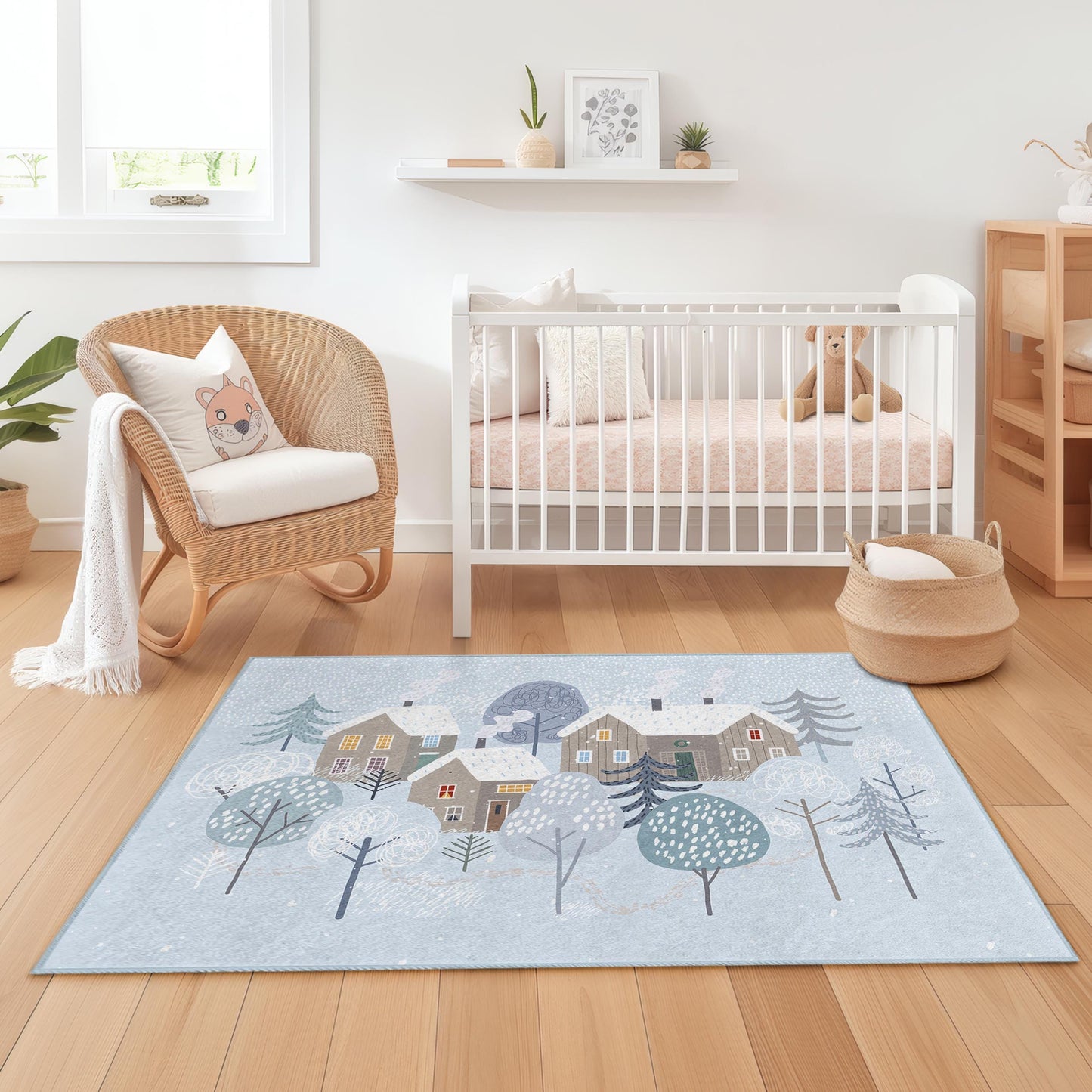 Winter Wonderland Rectangular Kids Rug, Cozy House Design Rug, Kids Room Decor, Soft Winter Carpet, Nursery Rug, Playroom Rug