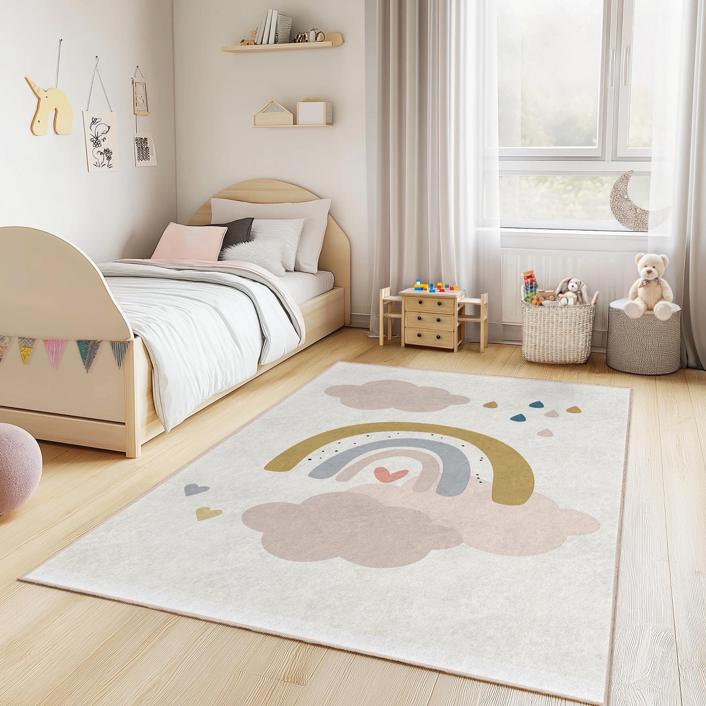 Rainbow Cloud Rectangle Kids Rug, Soft Nursery Carpet, Toddler Room Decor, Playroom Rug, Colorful Kids Area Rug