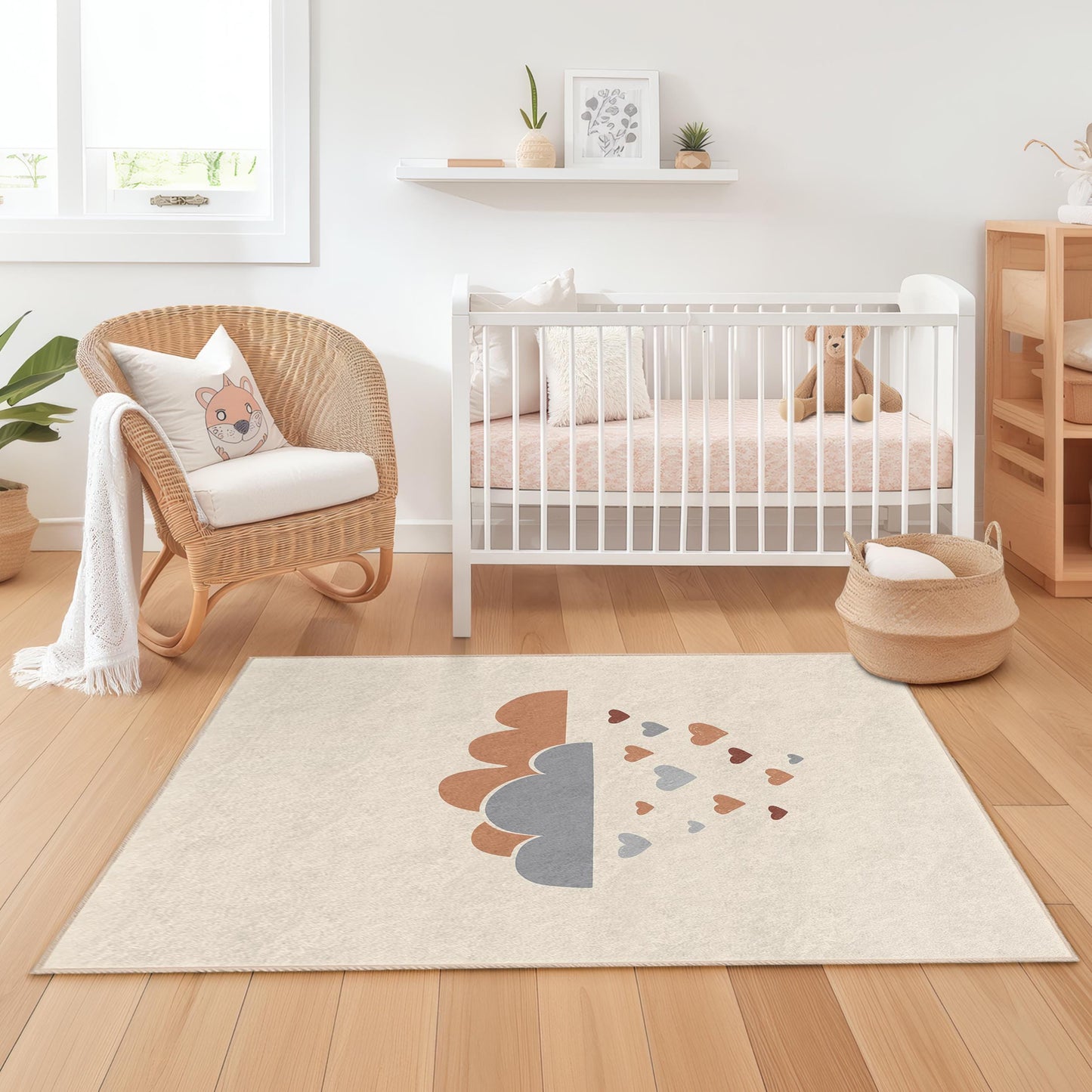 Clouds and Hearts Kids Room Rug, Cute Nursery Carpet, Rectangular Play Mat, Soft Baby Room Decor, Adorable Toddler Rug