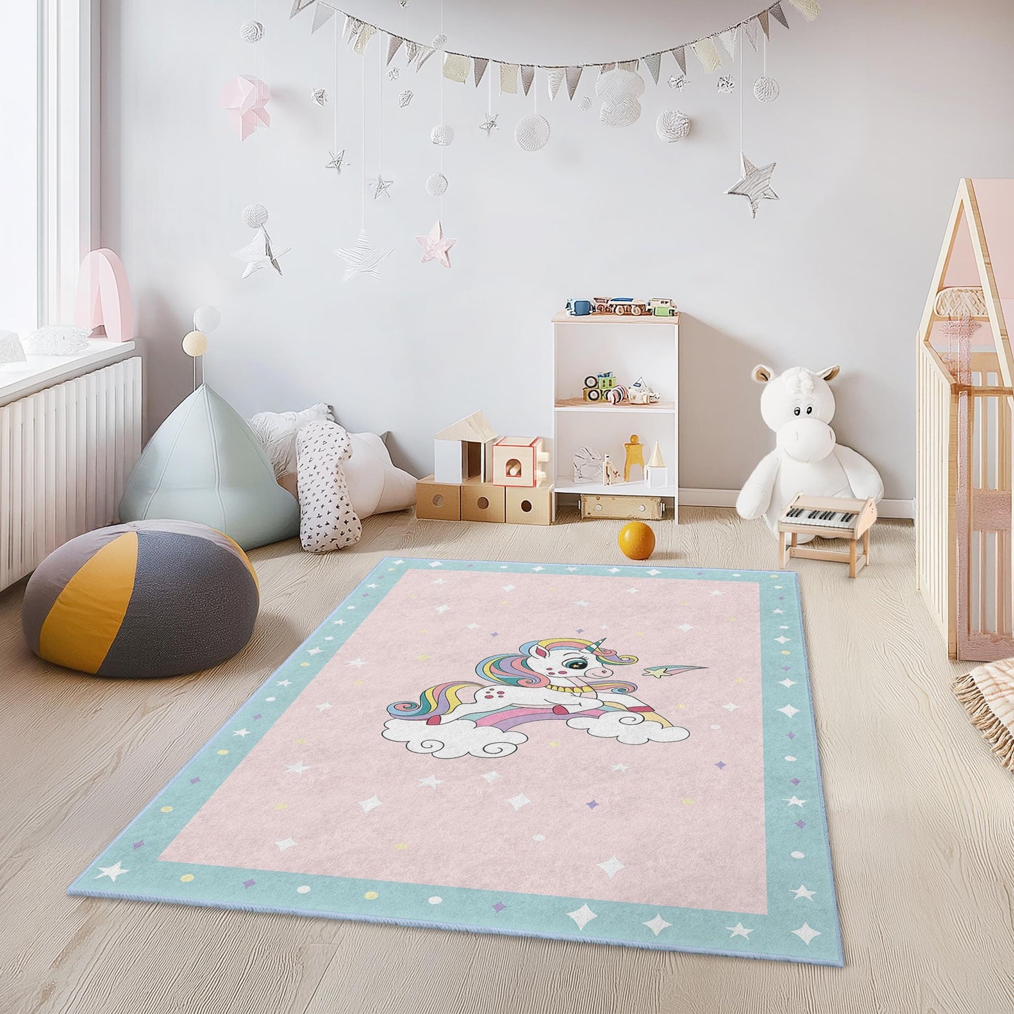 Magical Unicorn Kids Rug, Rainbow Unicorn Carpet for Child's Room, Playroom Decor, Soft Rectangle Kids Rug, Fantasy Nursery Rug