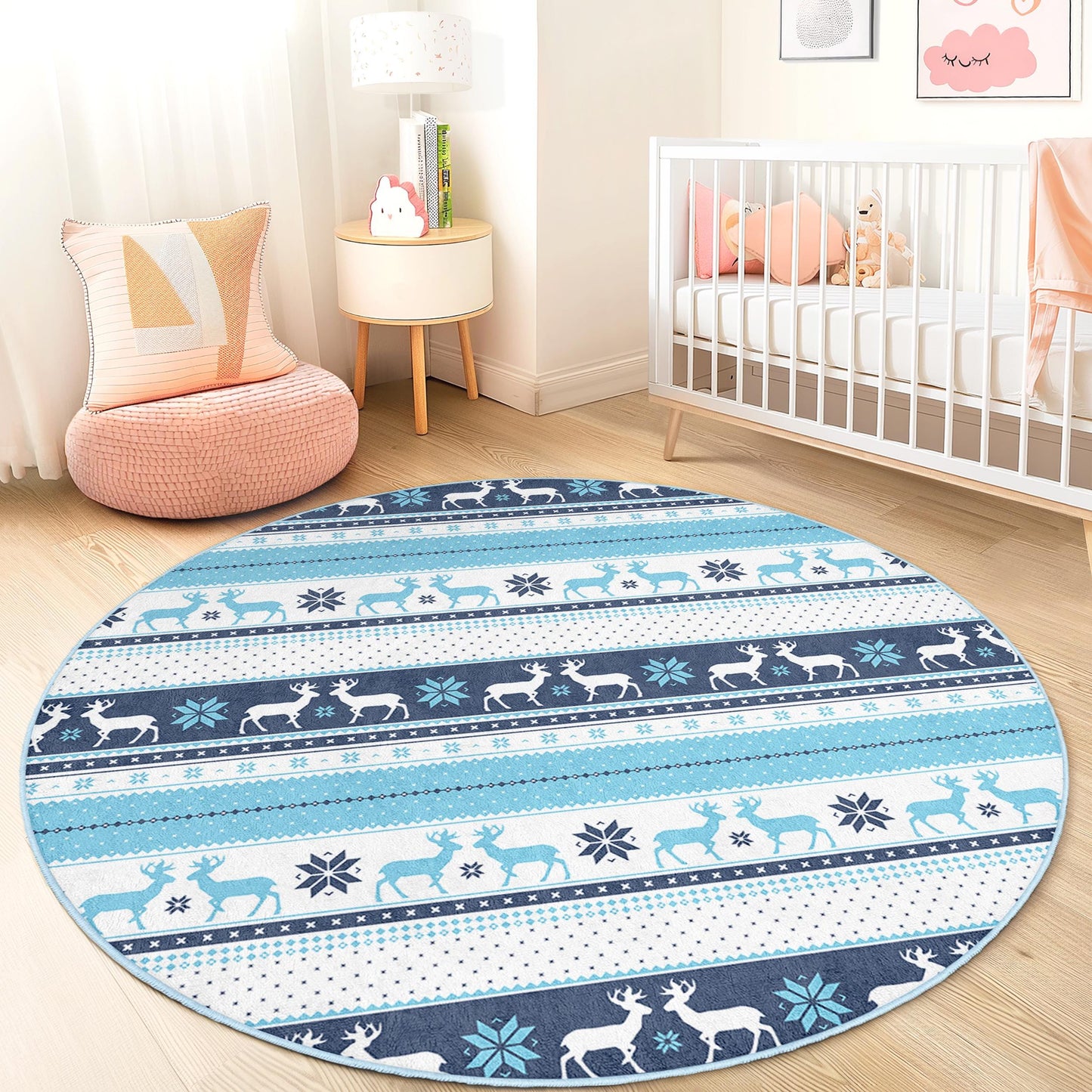 Winter Wonderland Round Kids Rug, Snowflake Pattern Play Mat, Blue Reindeer Rug, Soft Nursery Decor, Cozy Playroom Carpet