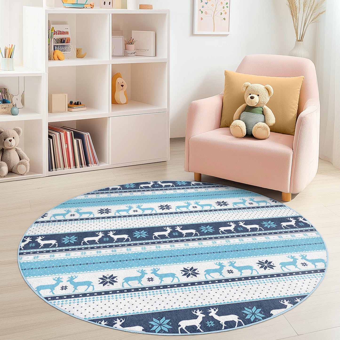 Winter Wonderland Round Kids Rug, Snowflake Pattern Play Mat, Blue Reindeer Rug, Soft Nursery Decor, Cozy Playroom Carpet
