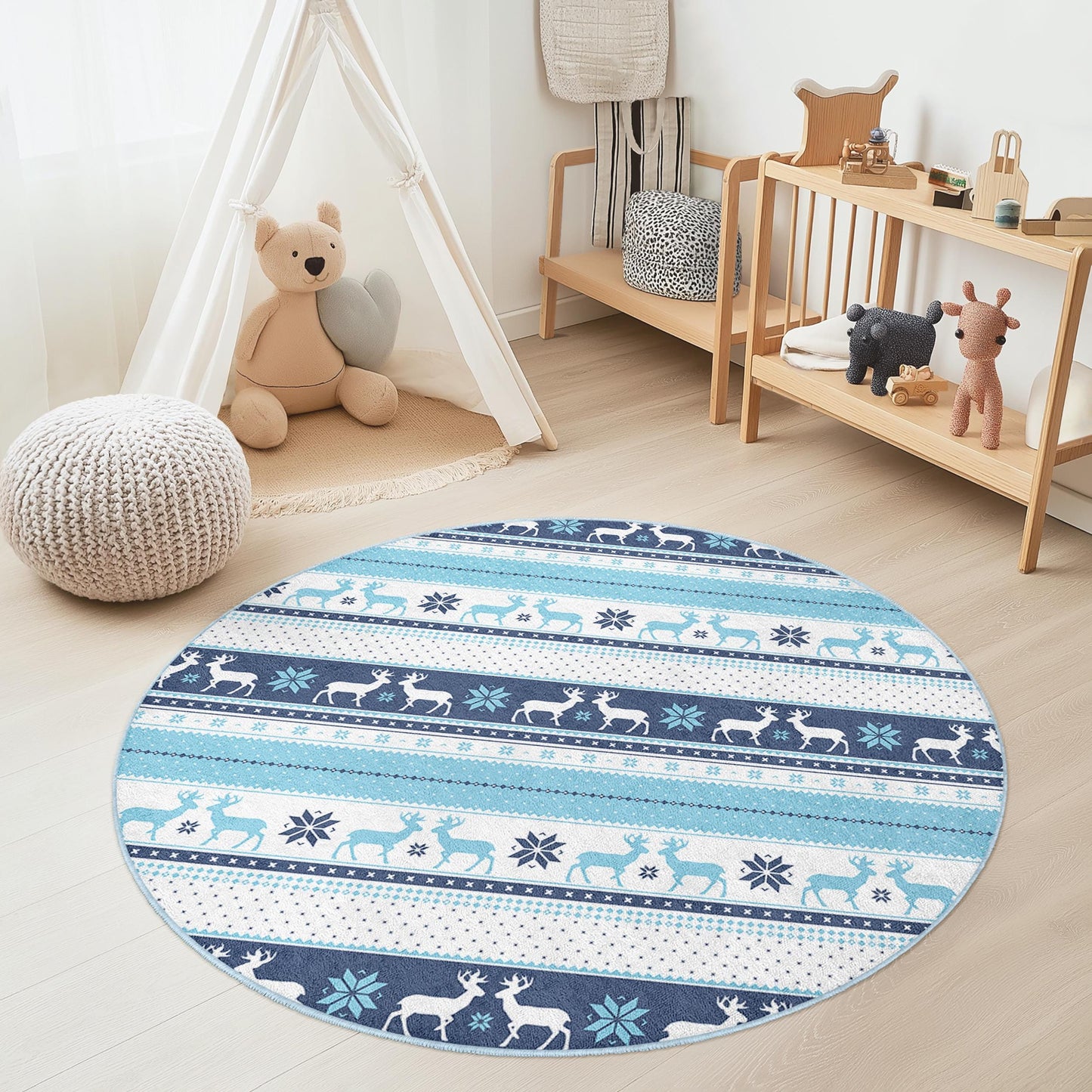 Winter Wonderland Round Kids Rug, Snowflake Pattern Play Mat, Blue Reindeer Rug, Soft Nursery Decor, Cozy Playroom Carpet