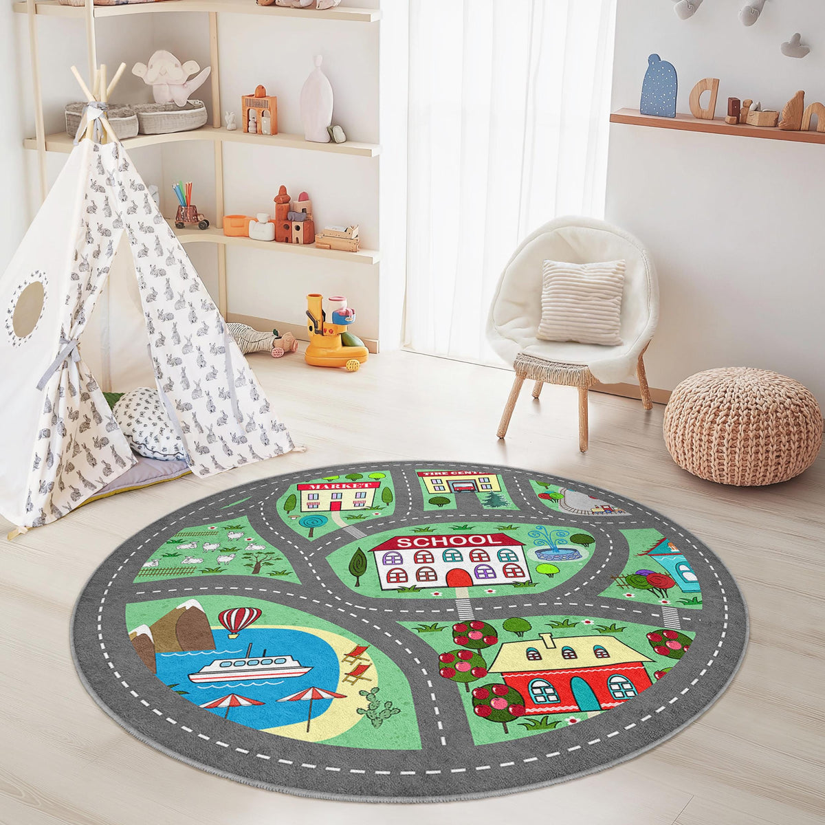 Colorful City Map Round Kids Rug, Playful Area Rug for Children, Soft ...