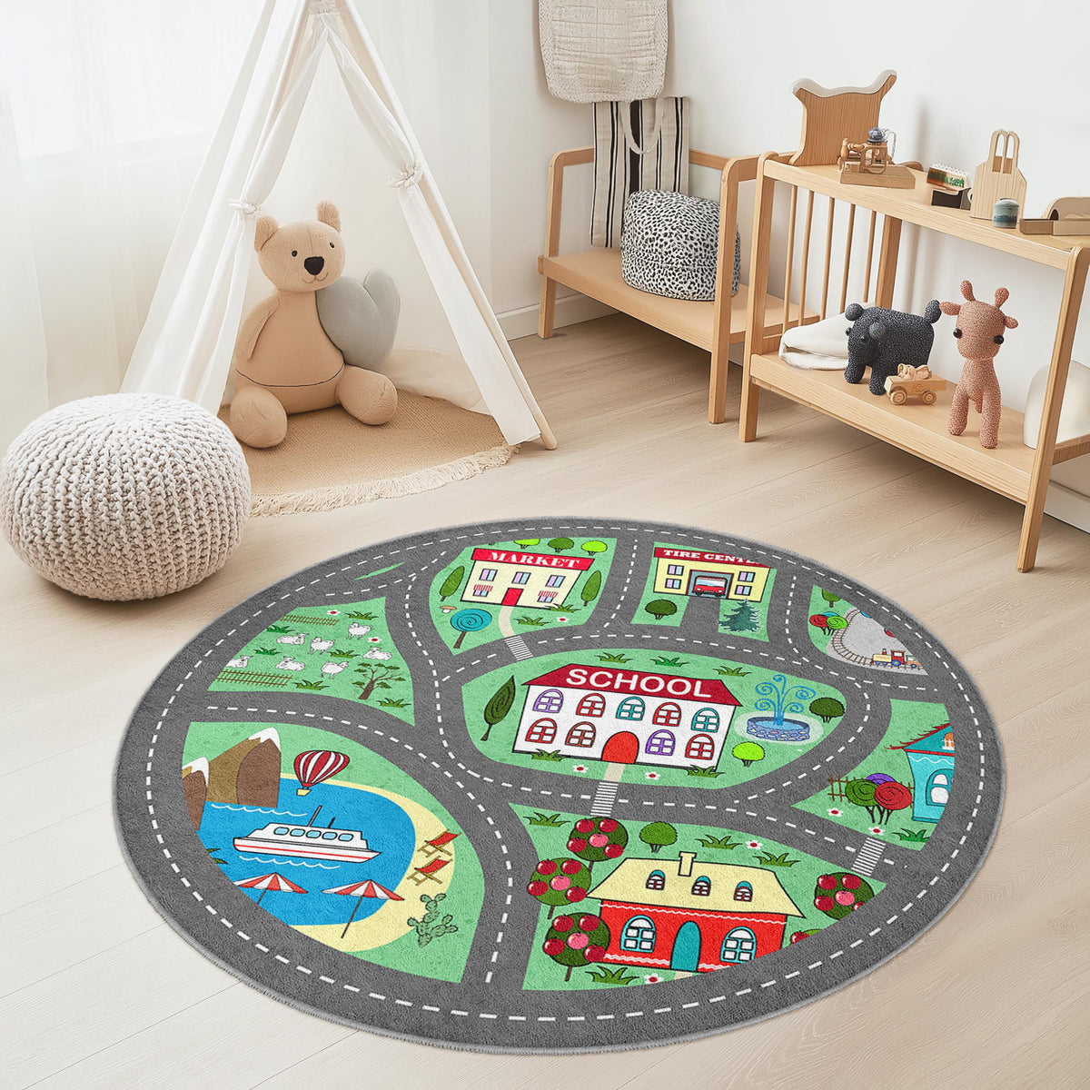 Colorful City Map Round Kids Rug, Playful Area Rug for Children, Soft ...