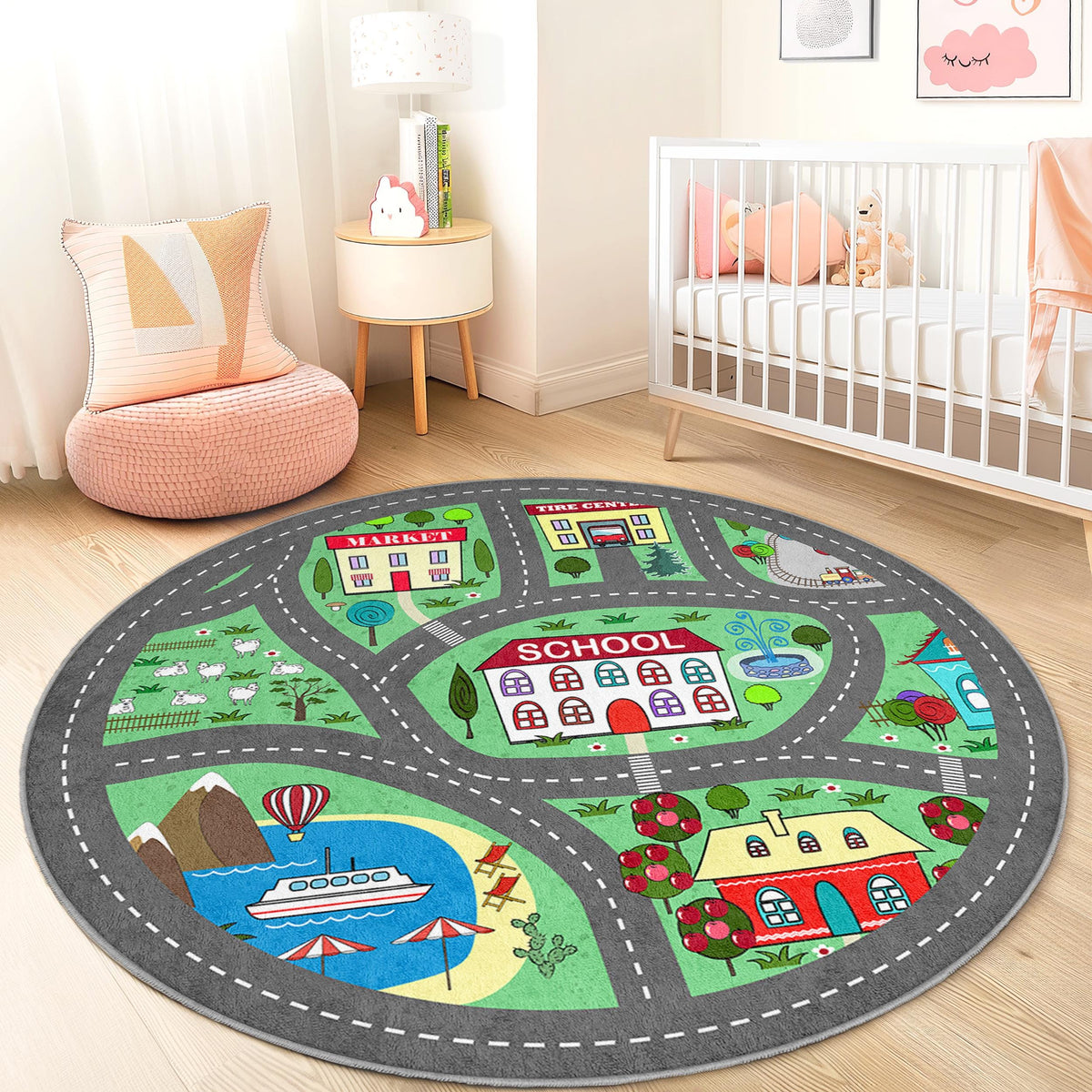 Colorful City Map Round Kids Rug, Playful Area Rug for Children, Soft ...