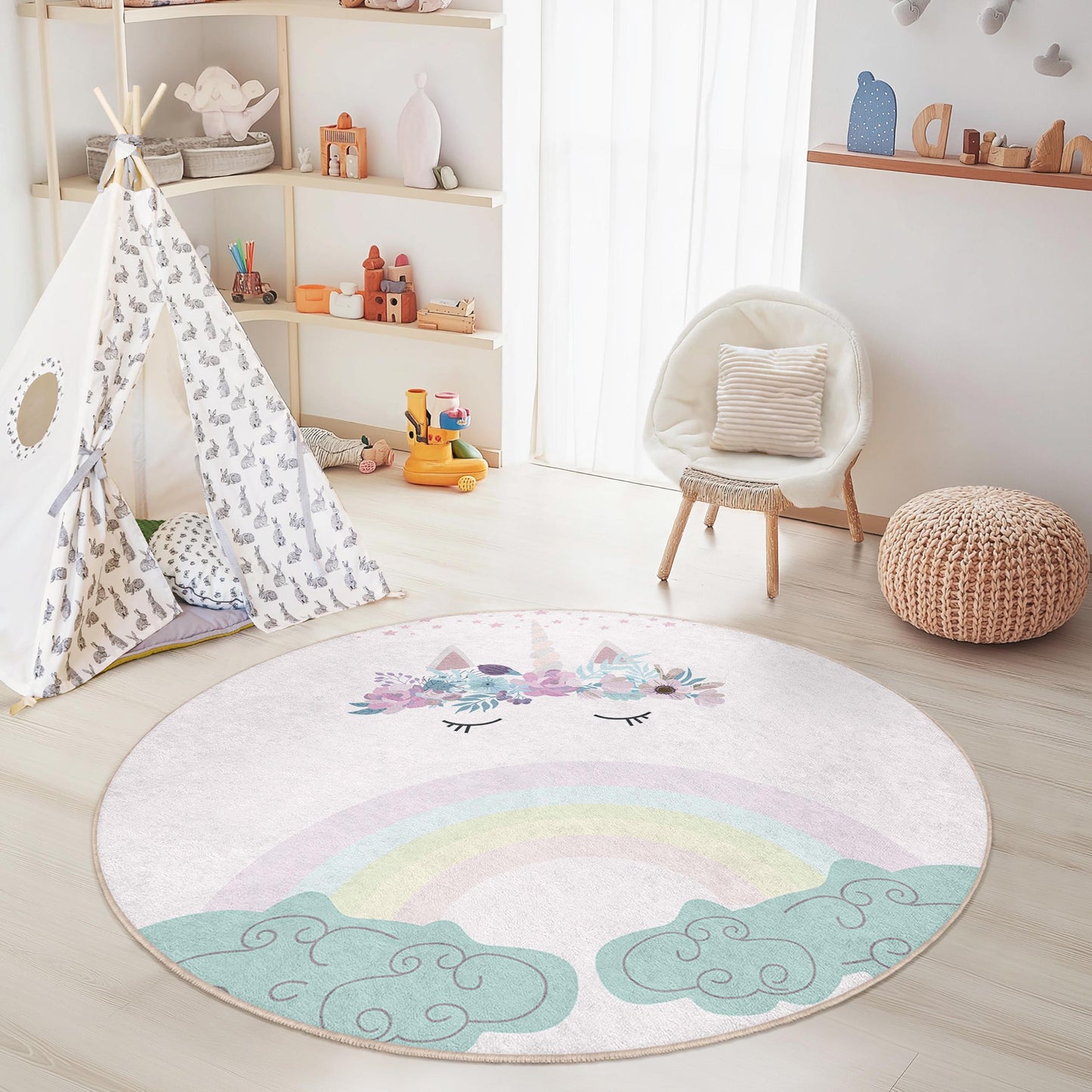 Whimsical Unicorn Round Rug, Cute Unicorn Play Mat, Kids Room Decor, Nursery Rug, Rainbow Themed Carpet, Soft Play Area Rug