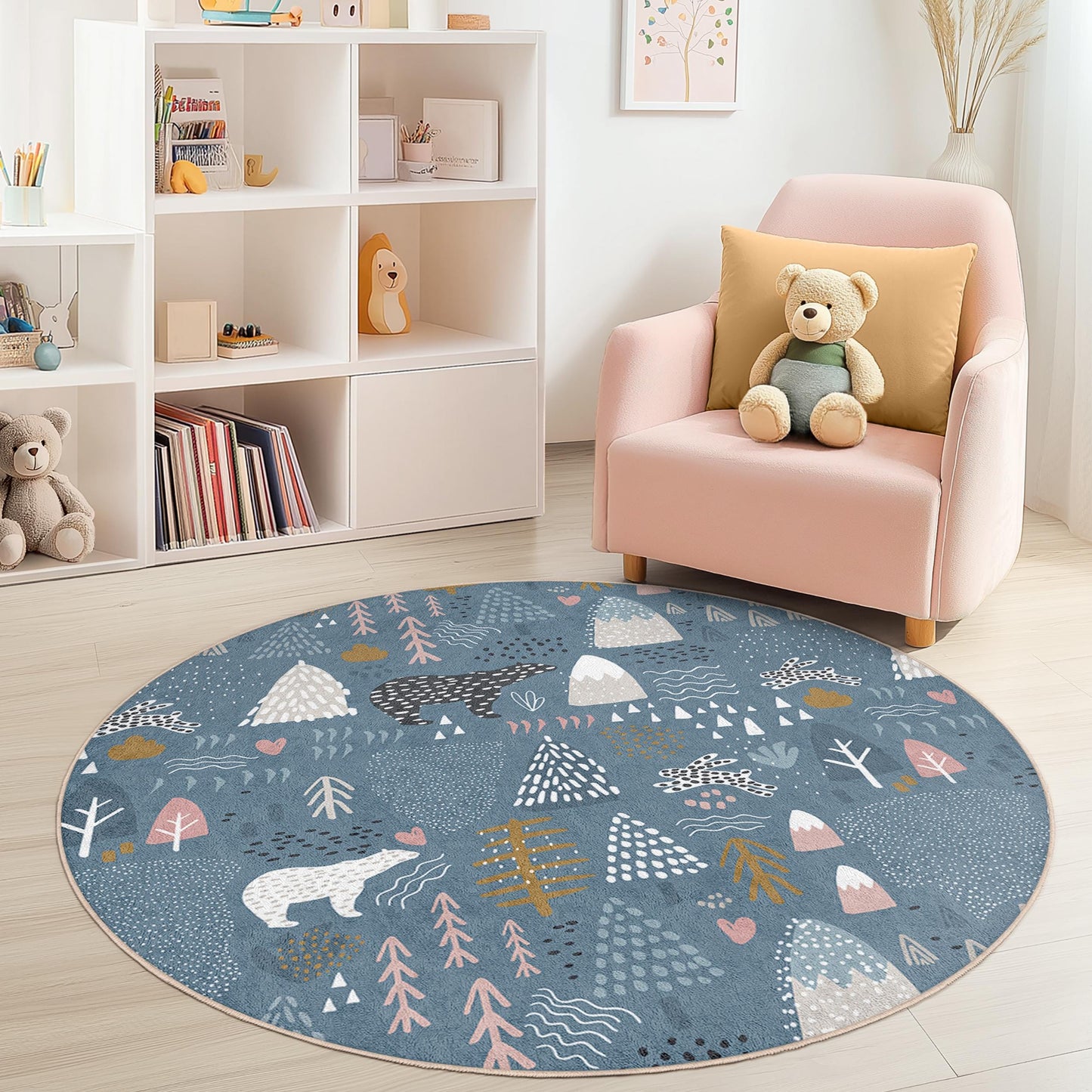 Whimsical Woodland Round Kids Rug, Bear and Tree Pattern, Soft Play Area Mat, Nursery Decor, Playroom Carpet