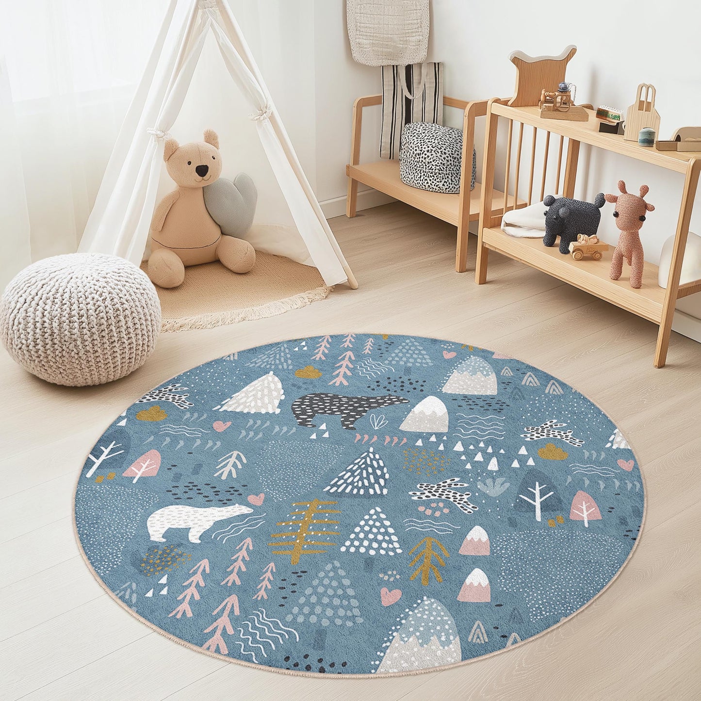Whimsical Woodland Round Kids Rug, Bear and Tree Pattern, Soft Play Area Mat, Nursery Decor, Playroom Carpet