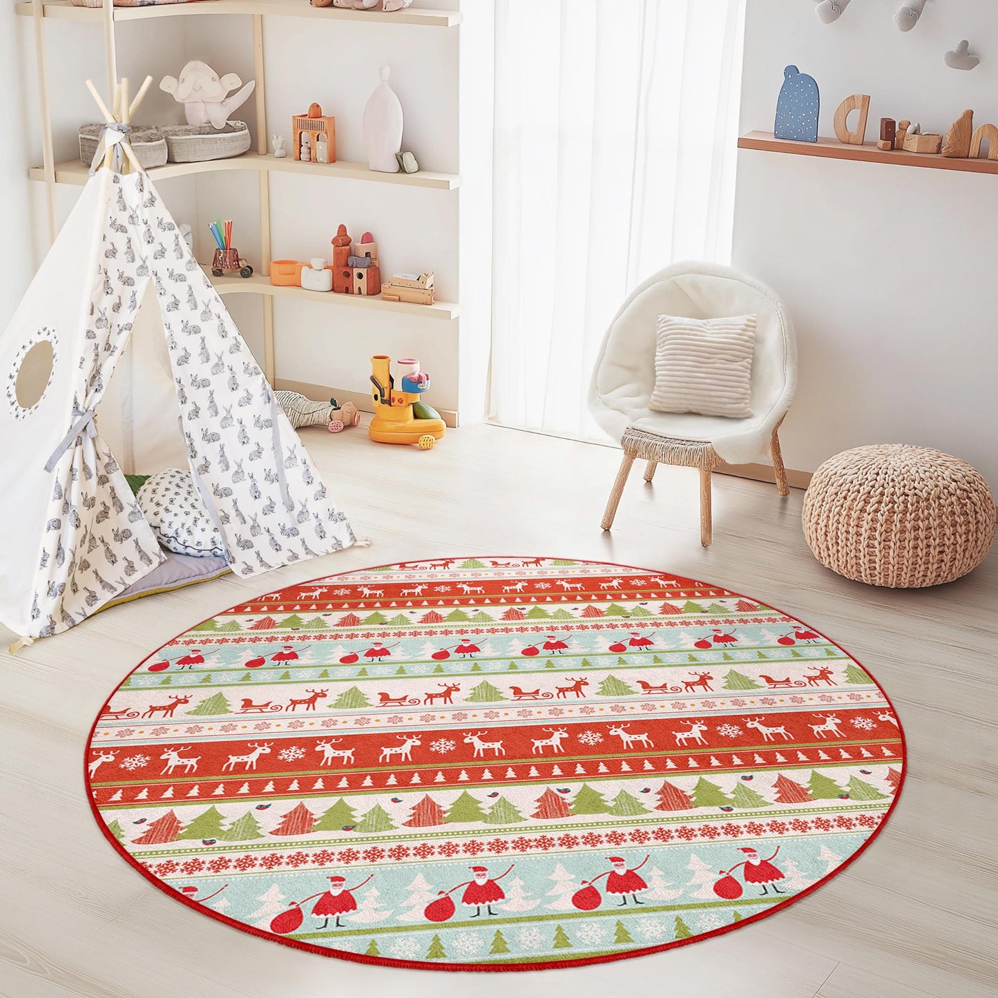Festive Christmas Round Area Rug, Holiday Decor Rug, Kids Room Christmas Rug, Santa and Reindeer Pattern, Cozy Holiday Mat