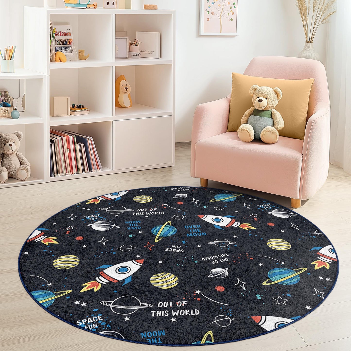 Rocket Ship Space Theme Round Kids Rug, Outer Space Play Mat, Astronaut Room Decor, Galaxy Carpet for Kids, Nursery Rug