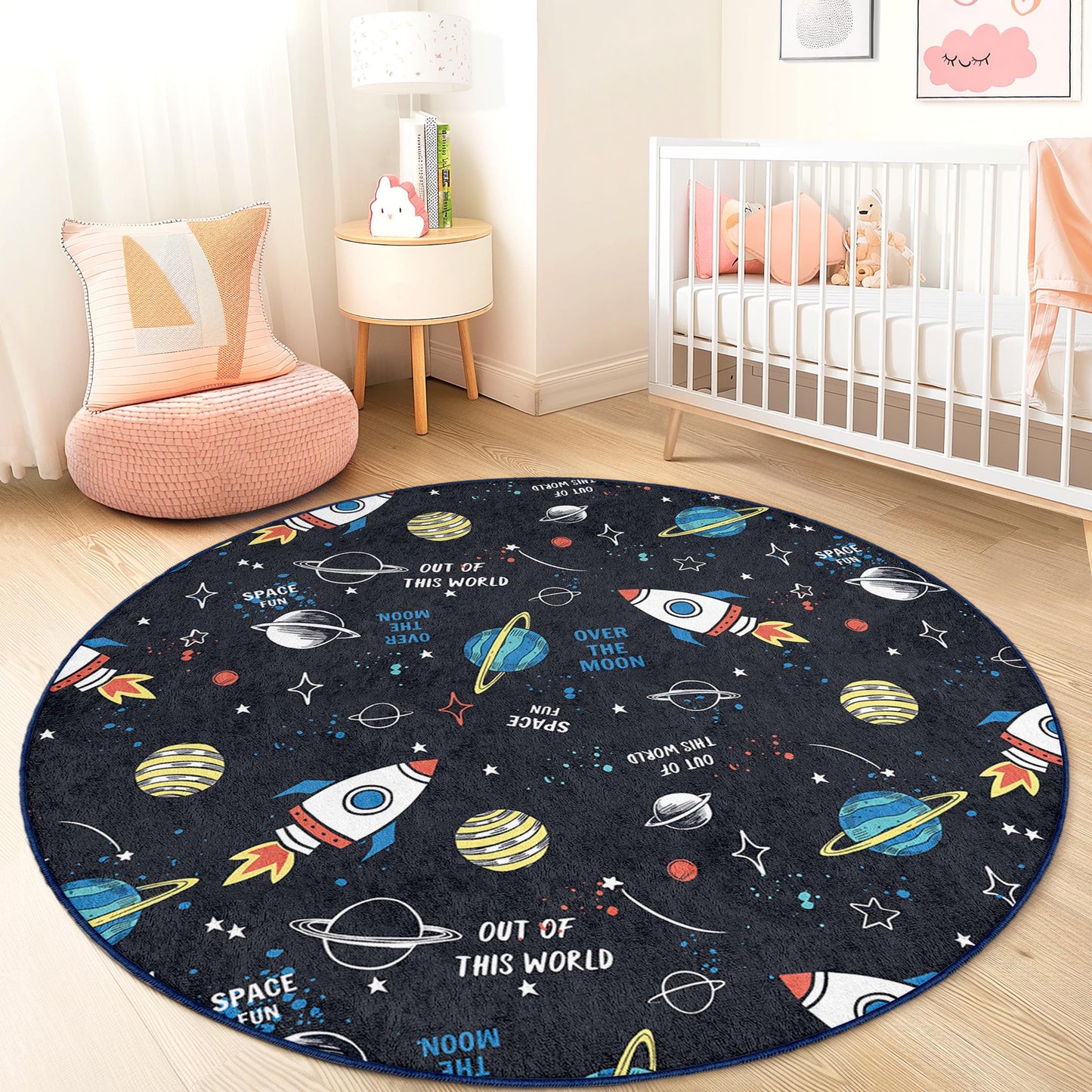 Rocket Ship Space Theme Round Kids Rug, Outer Space Play Mat, Astronaut Room Decor, Galaxy Carpet for Kids, Nursery Rug