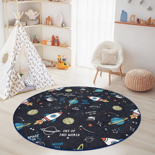 Rocket Ship Space Theme Round Kids Rug, Outer Space Play Mat, Astronaut Room Decor, Galaxy Carpet for Kids, Nursery Rug