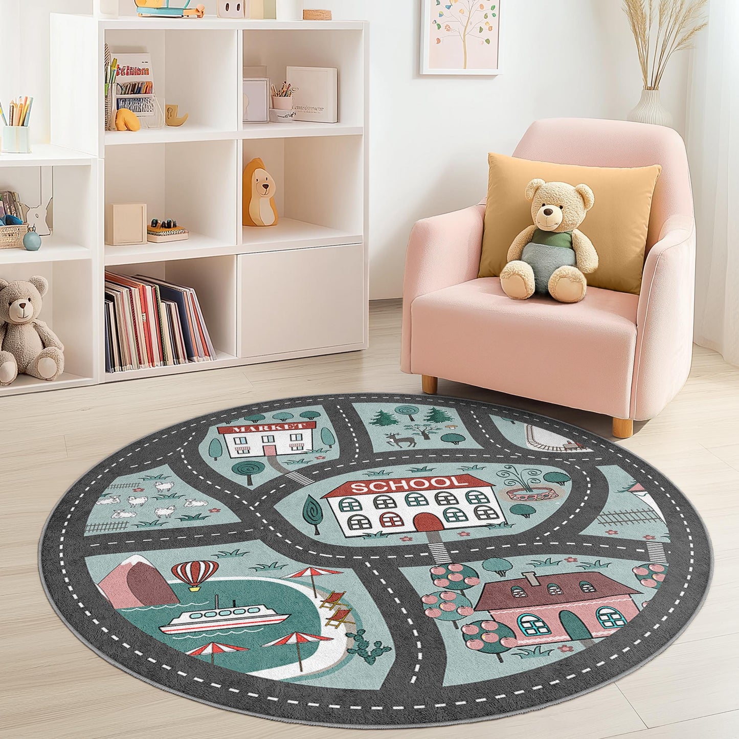 Playful Round Kids Rug with Roads and Landmarks, Interactive Play Mat for Children's Room, Soft Nursery Decor, Fun Playroom Carpet