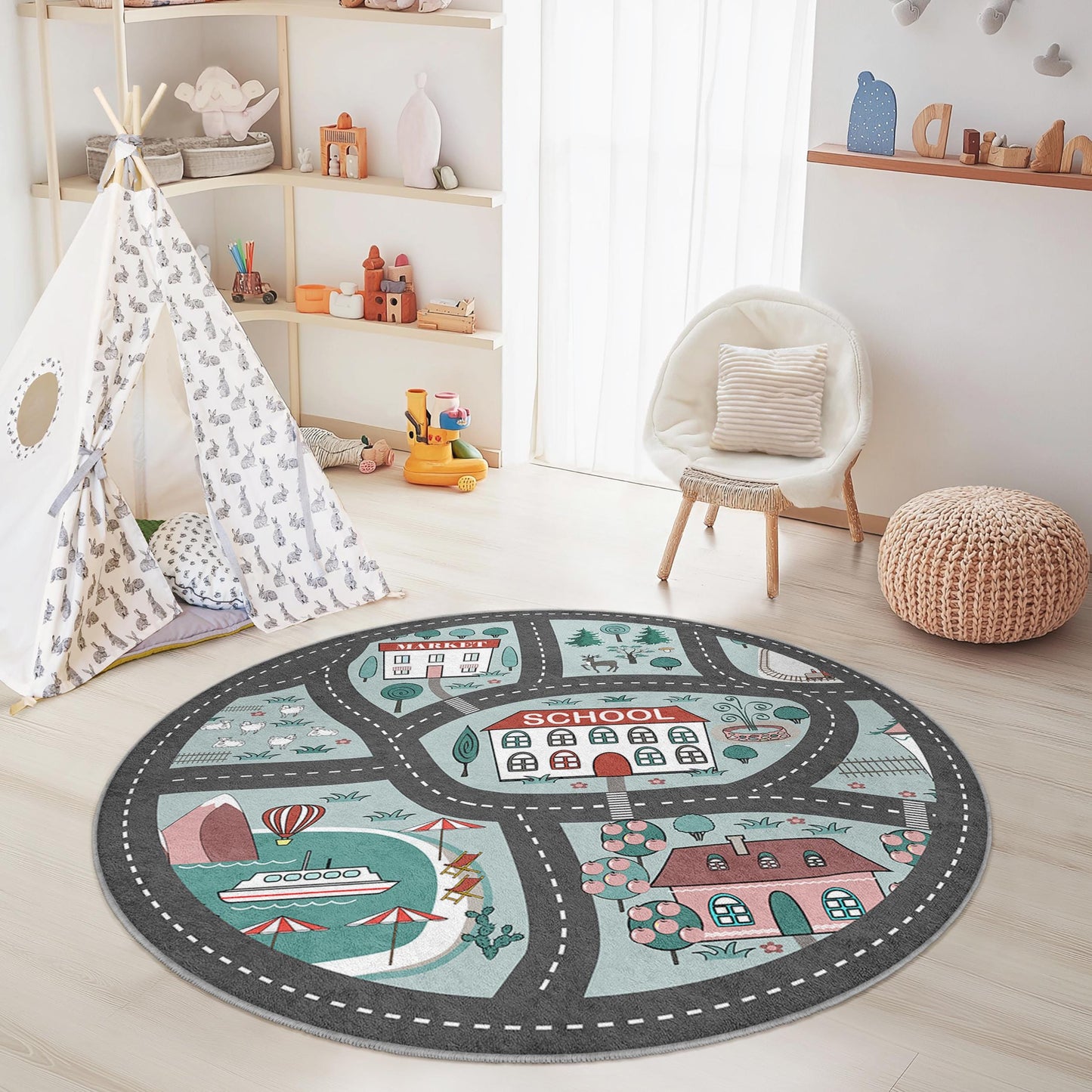 Playful Round Kids Rug with Roads and Landmarks, Interactive Play Mat for Children's Room, Soft Nursery Decor, Fun Playroom Carpet