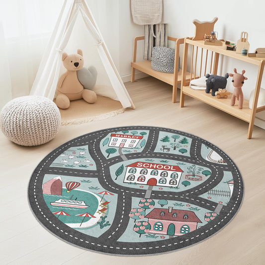 Playful Round Kids Rug with Roads and Landmarks, Interactive Play Mat for Children's Room, Soft Nursery Decor, Fun Playroom Carpet