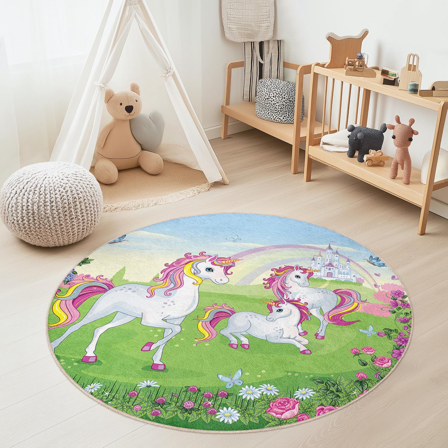 Magical Unicorn Round Kids Play Rug, Fantasy Unicorn Carpet, Playroom Decor, Girls Room Rug, Unicorn Theme Nursery Rug