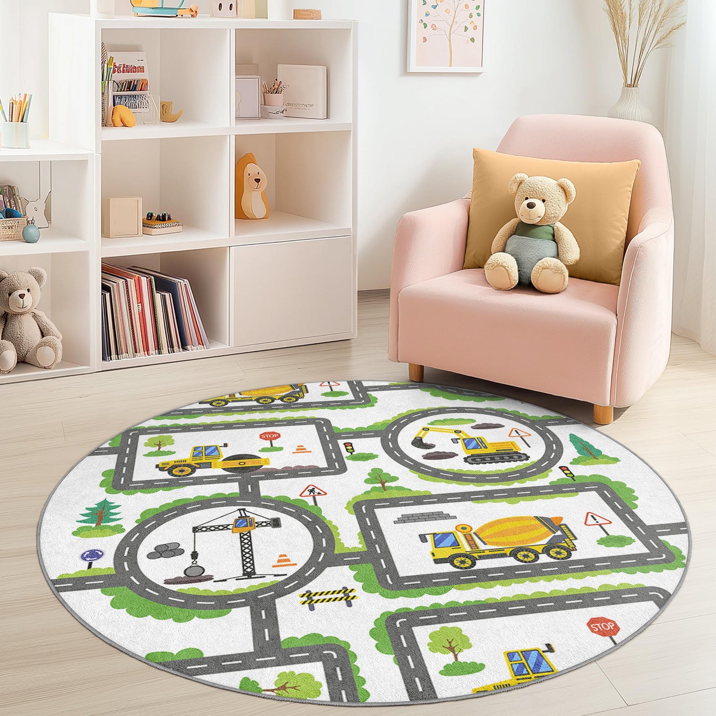 Construction Zone Round Kids Play Rug, Kids Play Mat with Trucks, Interactive Road Map Rug for Playroom, Nursery Decor