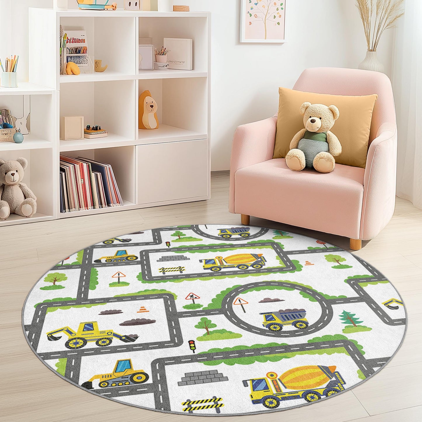 Construction Zone Round Kids Play Rug, Truck and Road Map Rug, Playroom Decor, Nursery Carpet, Soft Play Mat for Children