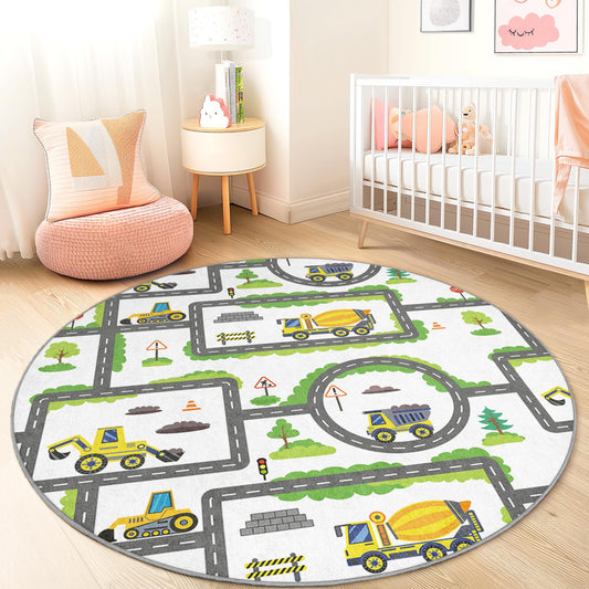 Construction Zone Round Kids Play Rug, Truck and Road Map Rug, Playroom Decor, Nursery Carpet, Soft Play Mat for Children