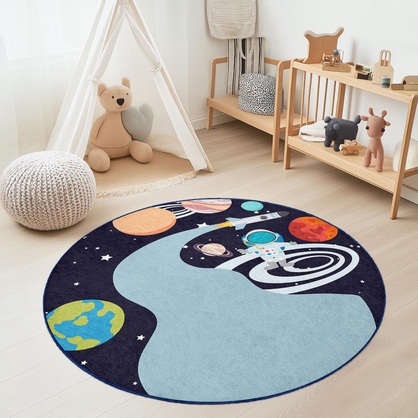 Cosmic Adventure Kids Round Rug, Space Theme Play Mat, Astronaut Rug for Kids Room, Galaxy Decor, Playroom Carpet